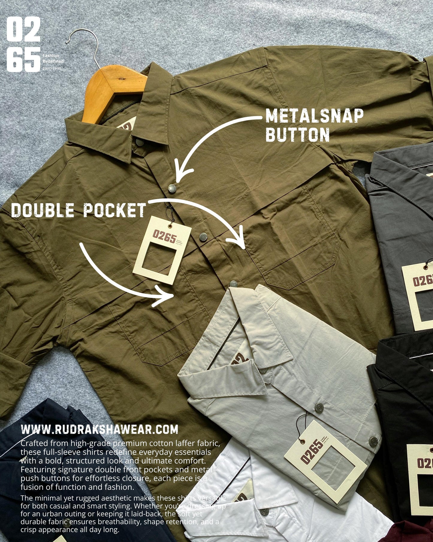 0265 Premium Cotton Laffer Double Pocket Full Sleeve Shirts - Metal Snap Buttons