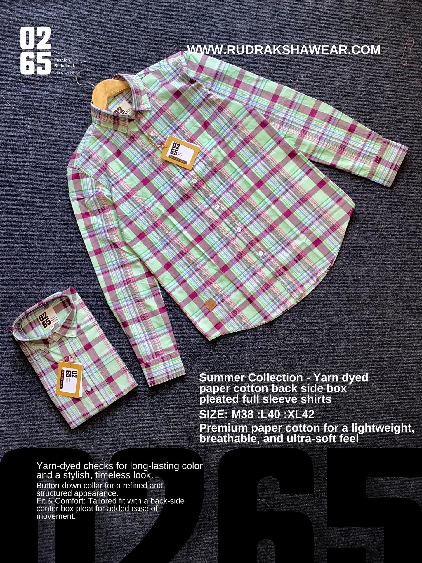 A premium yarn-dyed paper cotton full-sleeve shirt by 0265 featuring a button-down collar, tailored fit, and back-side center box pleat. Designed in vibrant summer shades with a timeless check pattern, offering breathability, comfort, and versatility for casual and semi-formal wear. Perfectly pairs with jeans, chinos, or shorts for a stylish seasonal look.