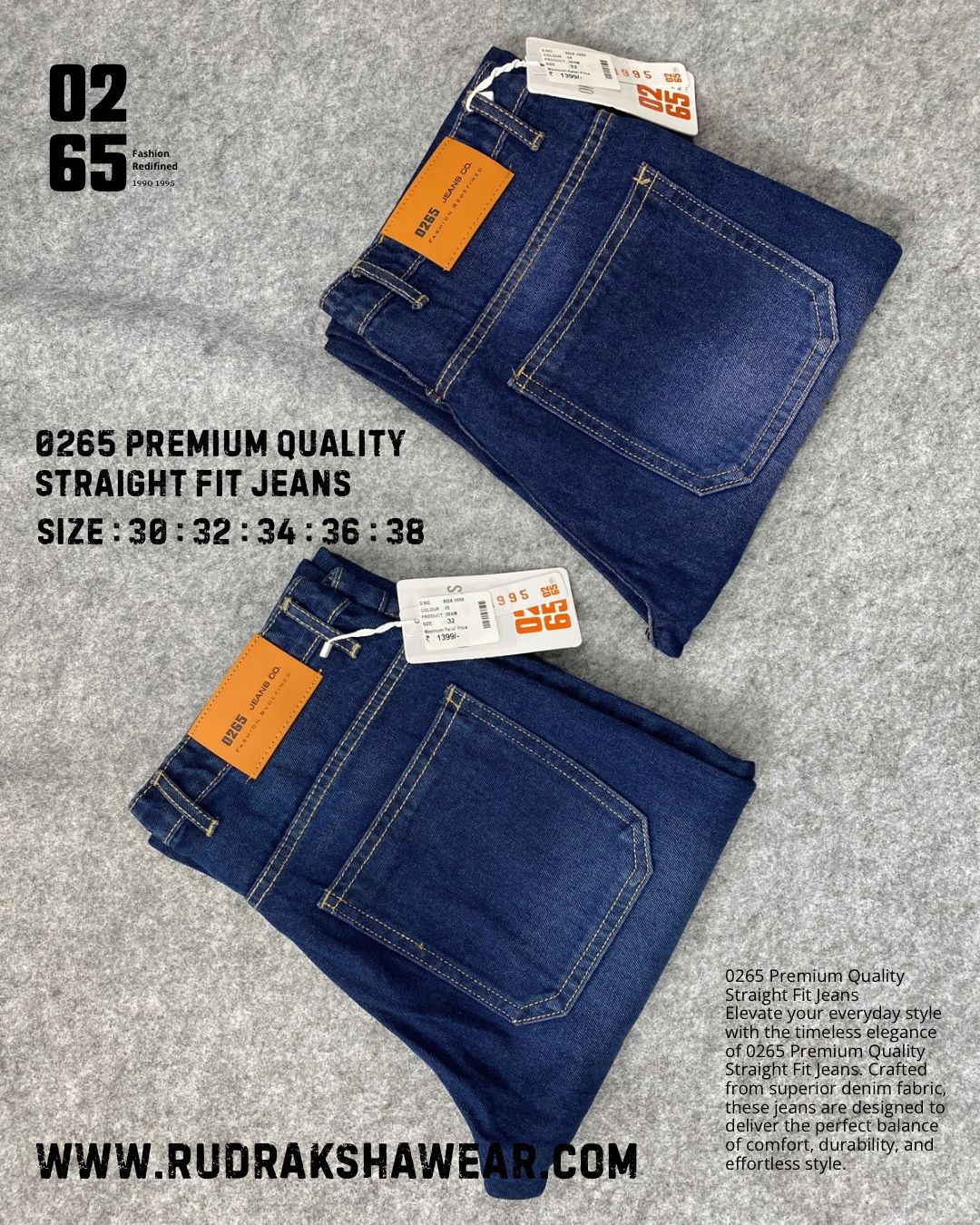 0265 PREMIUM STRAIGHT FIT JEANS | MERGING WHISKER| NON LYCRA | 42” Length