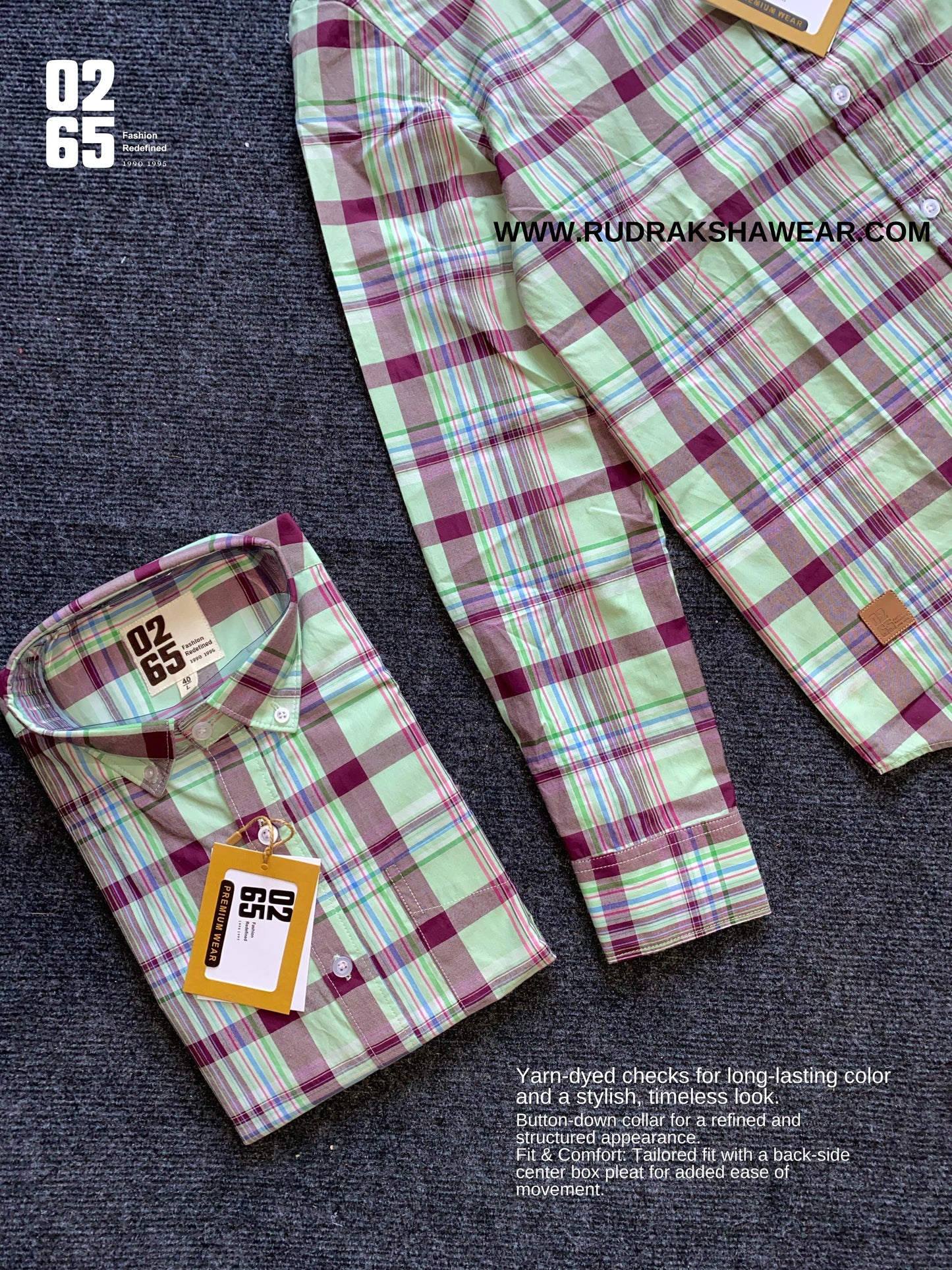 A premium yarn-dyed paper cotton full-sleeve shirt by 0265 featuring a button-down collar, tailored fit, and back-side center box pleat. Designed in vibrant summer shades with a timeless check pattern, offering breathability, comfort, and versatility for casual and semi-formal wear. Perfectly pairs with jeans, chinos, or shorts for a stylish seasonal look.
