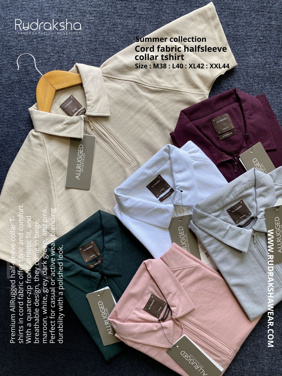 Cord Fabric Half Sleeve Collar T-shirt - YKK Zipper - Summer Collection