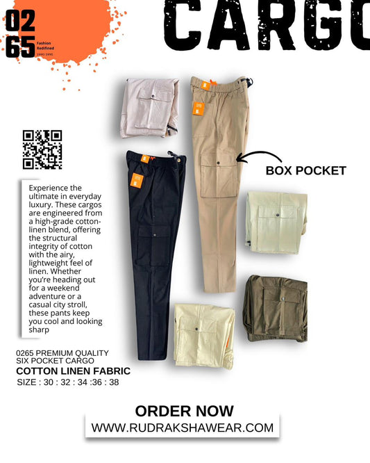 0265 Premium 6 pockets cargo | Cotton Linen Fabric | Box Pocket on side | Belt loops | Drawstring | Durable elastic band on waist | Trending Article