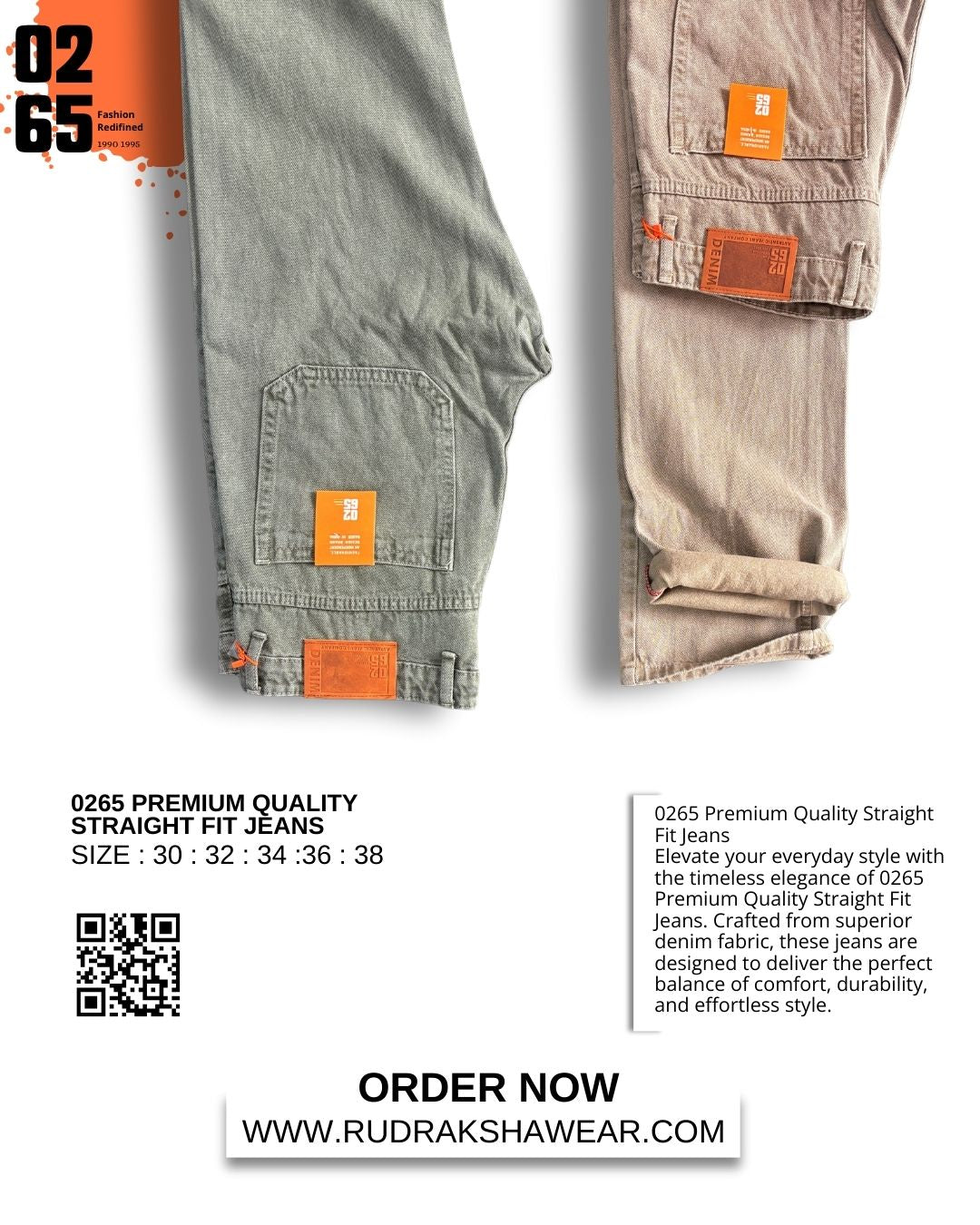 0265 PREMIUM STRAIGHT FIT JEANS | MERGING WHISKER| NON LYCRA | 42โ Length (Copy)