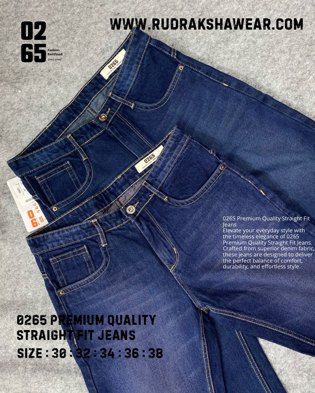 0265 PREMIUM STRAIGHT FIT JEANS | MERGING WHISKER| NON LYCRA | 42” Length