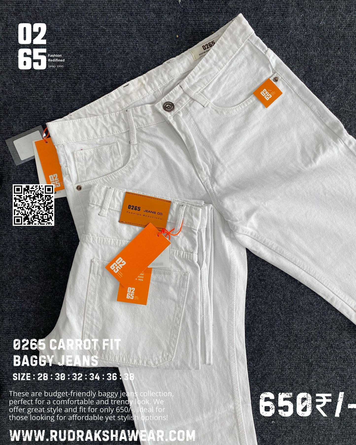 WHITE CARROT FIT BAGGY JEANS- Length 40" - NON STRETCHABLE