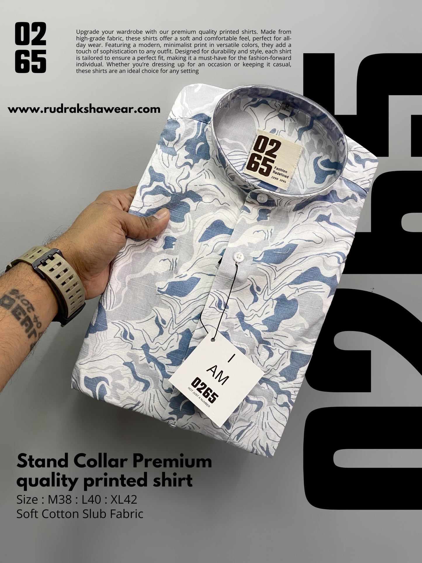 Premium stand collar full sleeve shirt (Mandarin collar) from the Wedding Collection by 0265, crafted from 100% cotton slub fabric. Features a sleek design, perfect for formal and wedding occasions, showcasing elegance and comfort in every detail