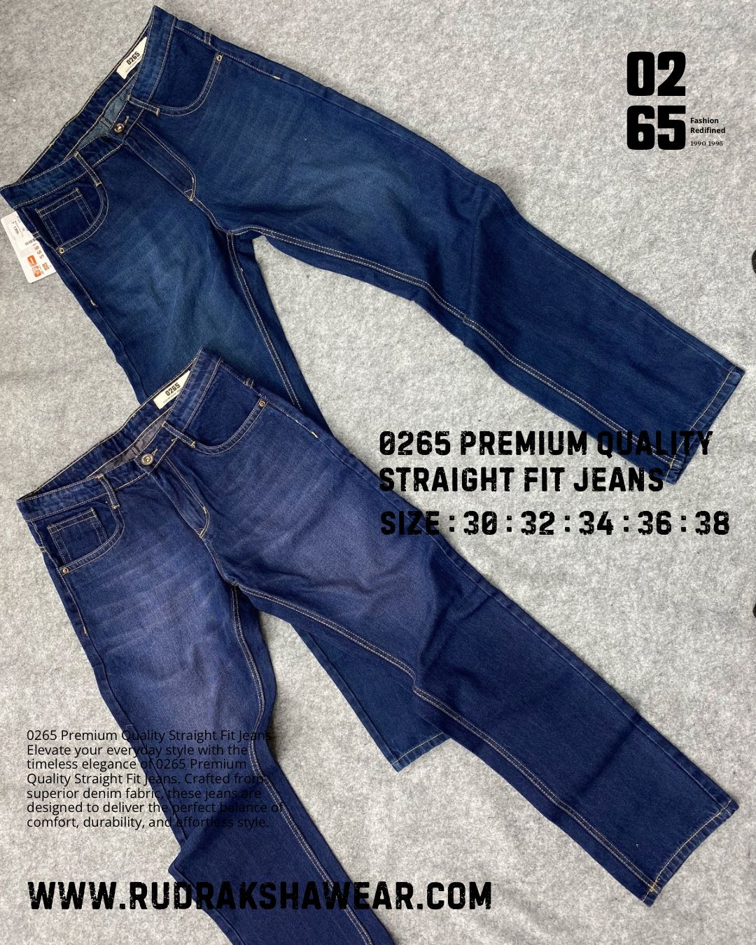 0265 PREMIUM STRAIGHT FIT JEANS | MERGING WHISKER| NON LYCRA | 42” Length
