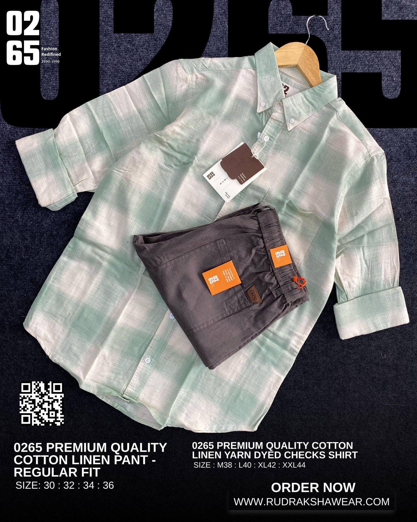 0265 Combo - Premium Imported Cotton linen full sleeve checks shirt & Cotton linen regular fit pant - Light Green Checks & Dark Grey Pant
