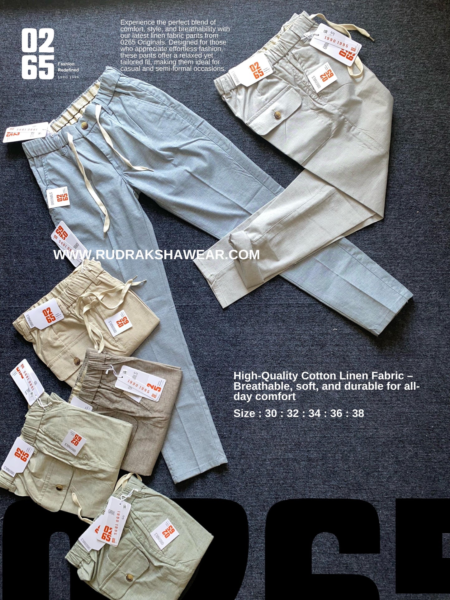 Men's premium cotton linen pants by 0265 – breathable, lightweight, and perfect for summer. Features cross front pockets, round flap back pockets, and an elastic waistband with a drawstring for all-day comfort. Durable stitching ensures long-lasting wear. Ideal for casual outings, vacations, and daily wear. Shop now at Rudraksha