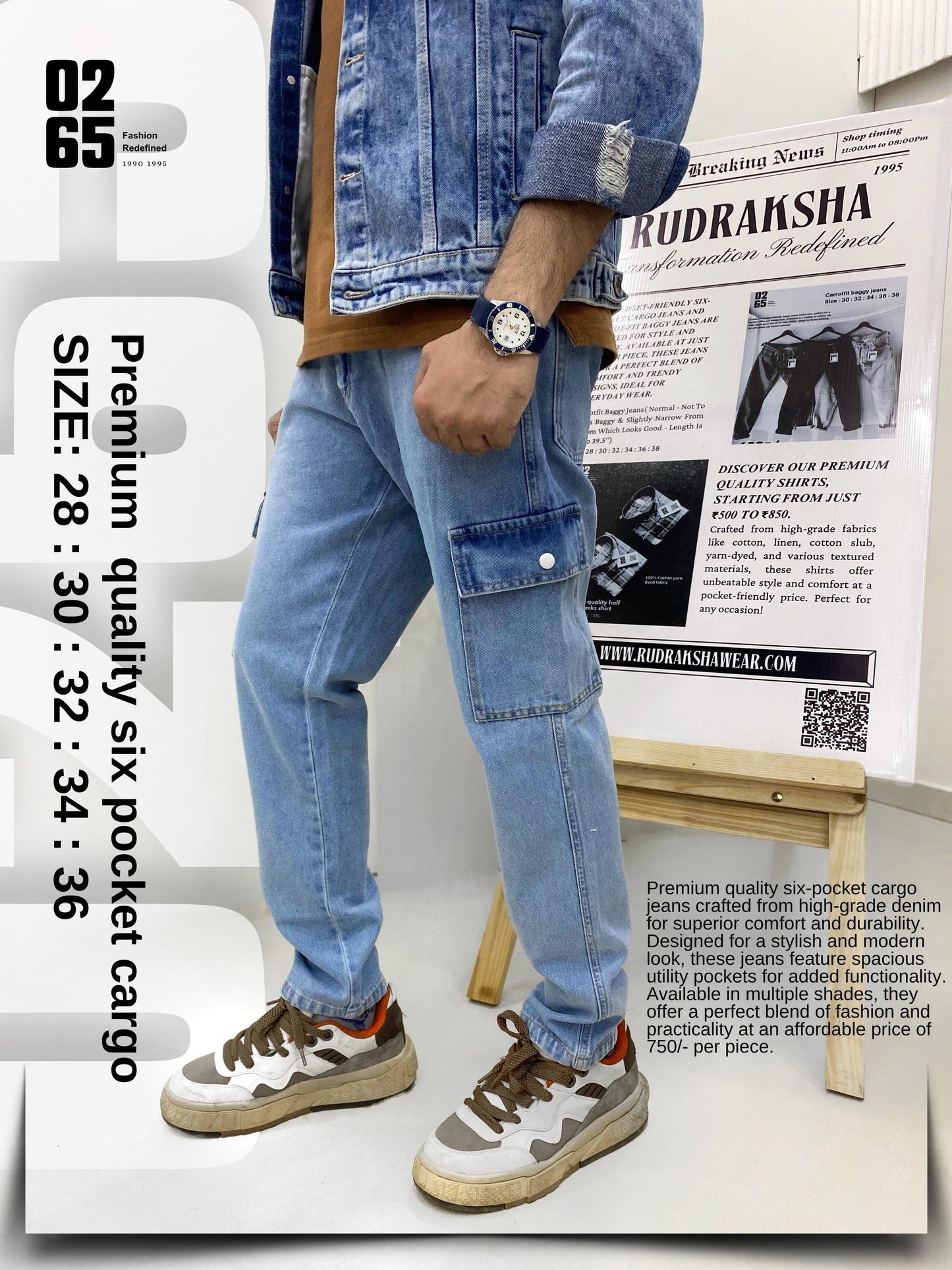 A pair of stylish 6-pocket cargo jeans in premium quality fabric, available in four trendy shades. Features an improved fit, new back pocket design, and an added size (36) for a better fit. Designed for everyday wear with a relaxed yet modern look, perfect for pairing with t-shirts, hoodies, or shirts. Available at ₹750/-
