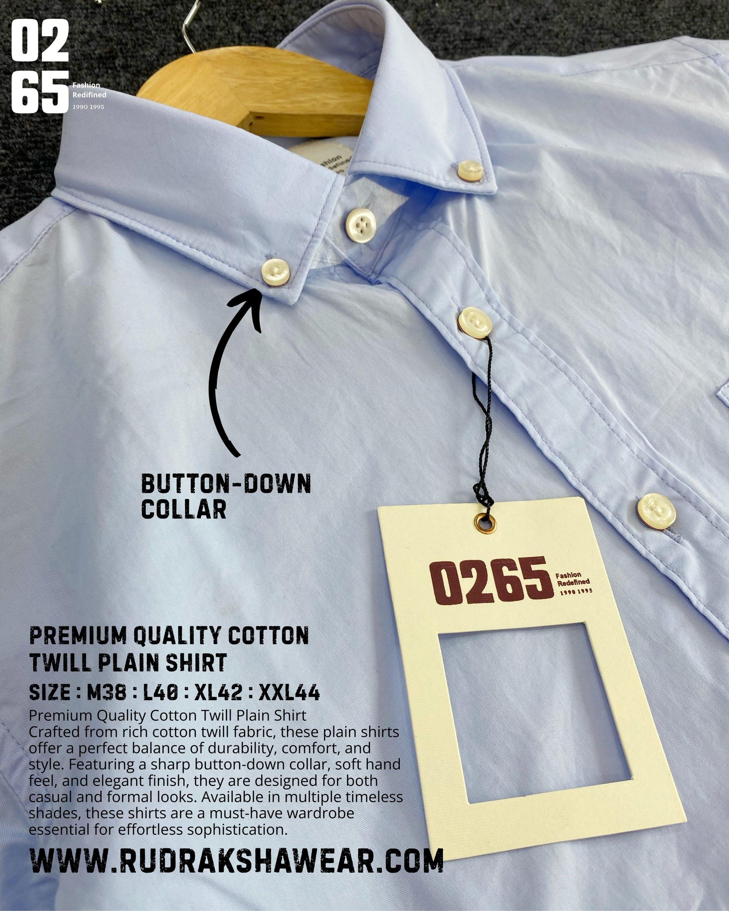 0265 Plain Full Sleeve Shirt | 100% Cotton Twill Fabric | Button Down Collar | Back Side Box Pleated