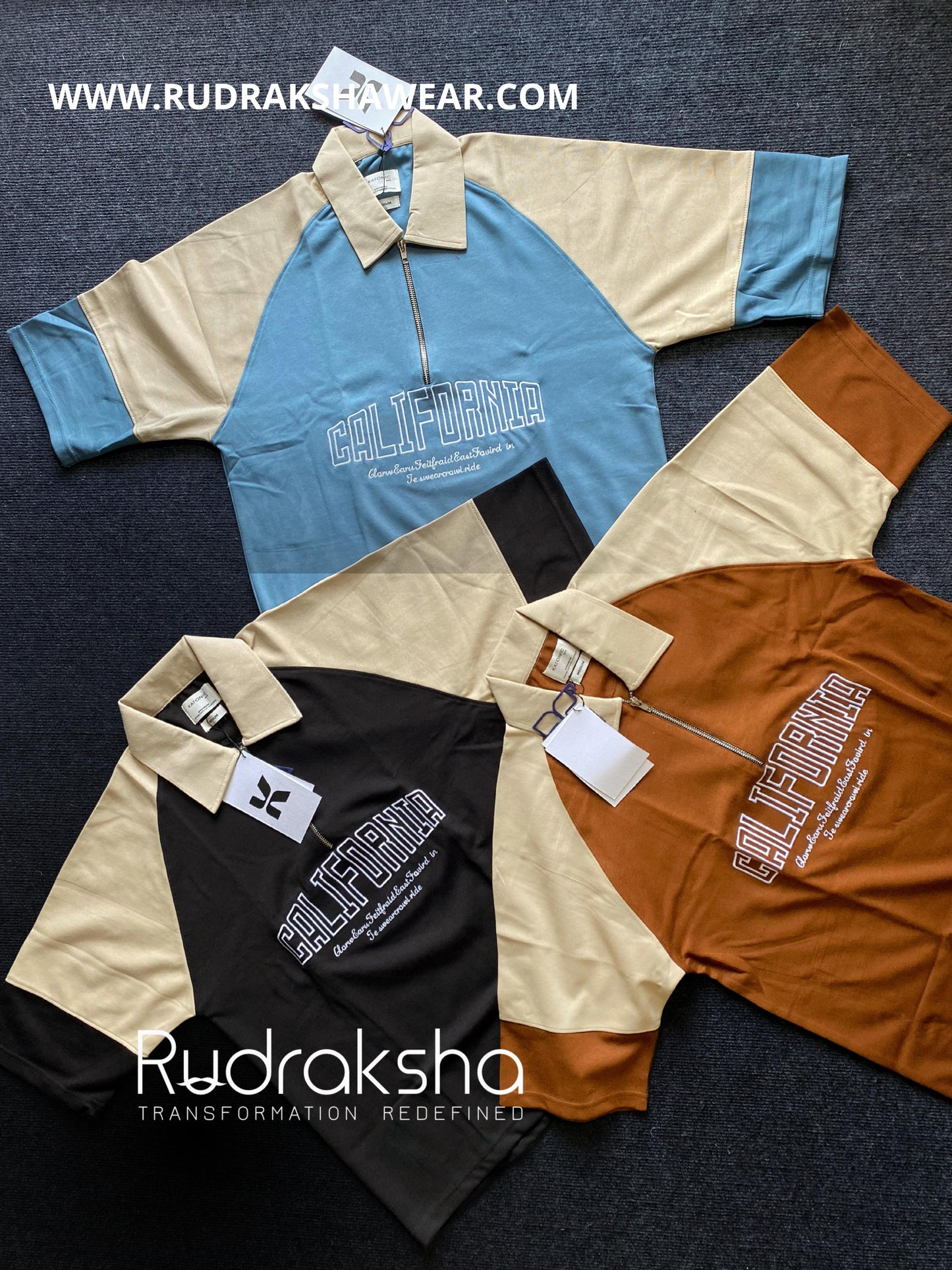 Men's oversized cotton-blend t-shirt with contrast panel design and zipper collar – stylish and comfortable streetwear. Premium soft fabric, bold two-tone look, and ‘California’ embroidered graphic for a trendy West Coast vibe. Perfect for casual wear, layering, and fashion-forward outfits. Available now at Rudrakshawear