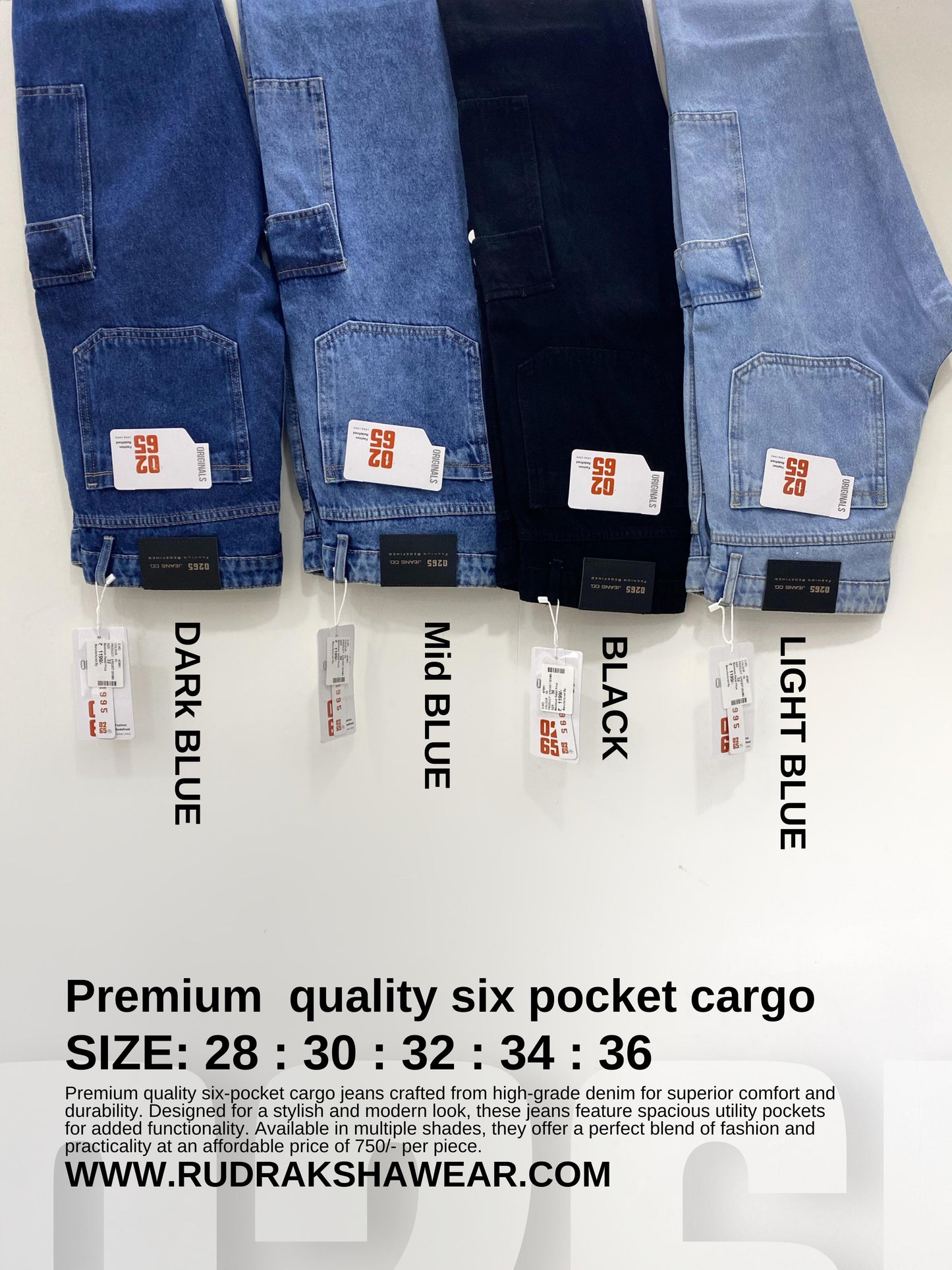 A pair of stylish 6-pocket cargo jeans in premium quality fabric, available in four trendy shades. Features an improved fit, new back pocket design, and an added size (36) for a better fit. Designed for everyday wear with a relaxed yet modern look, perfect for pairing with t-shirts, hoodies, or shirts. Available at ₹750/-