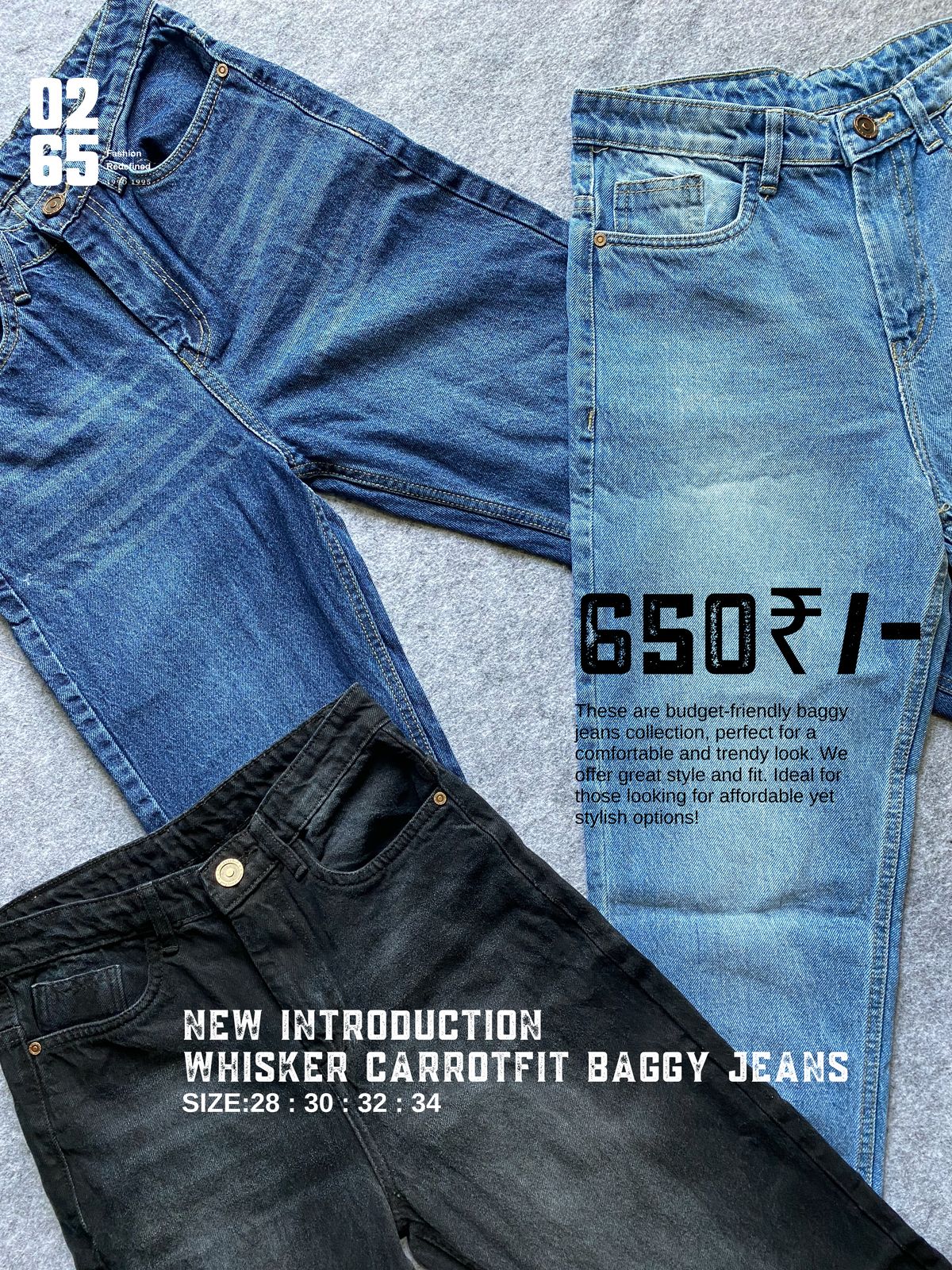 Whisker Carrot Fit Baggy Jeans By 0265 - New Introduction - Non Stretchable