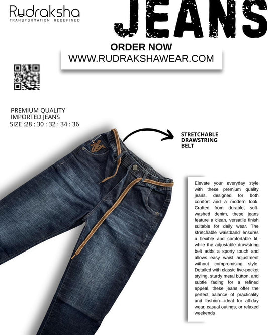 Imported Stretch Ankle-Length Jeans | Fade-Resistant Fabric | Elastic Waist Band With Drawstring