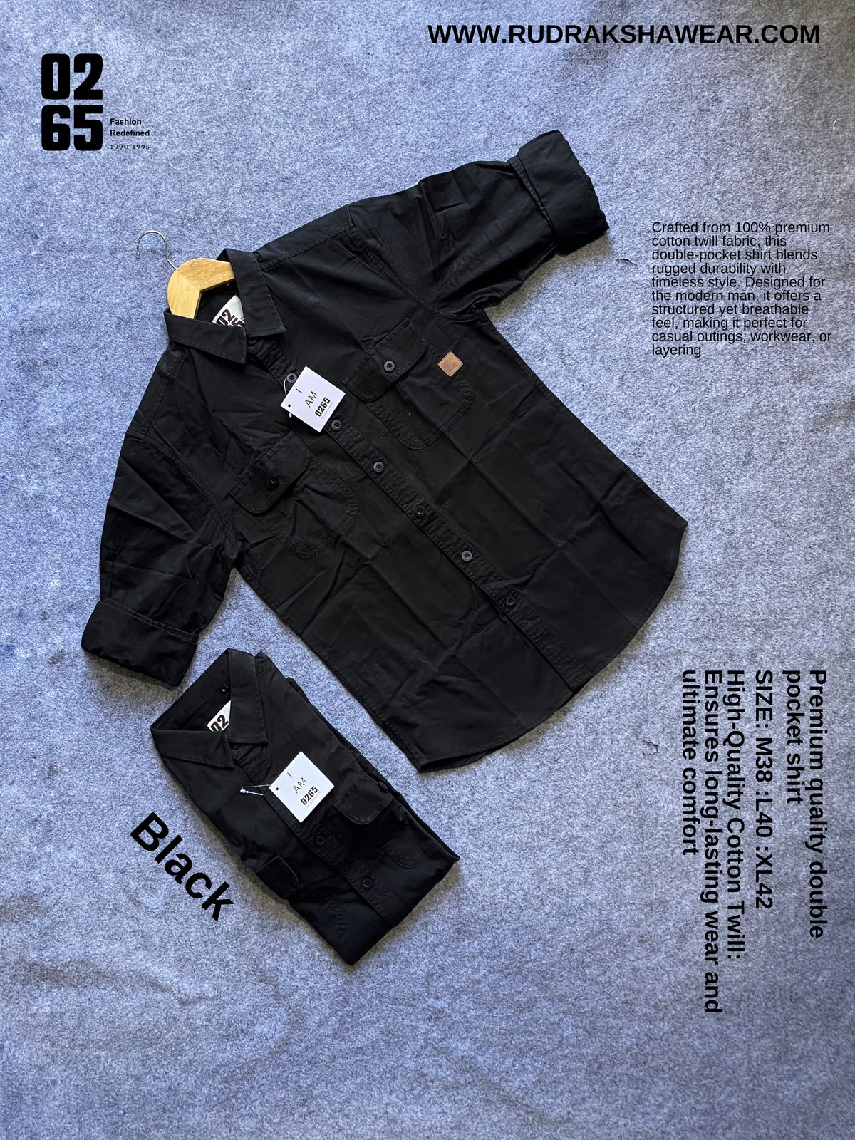 Premium Double Pocket Plain Shirt by 0265 - BLACK