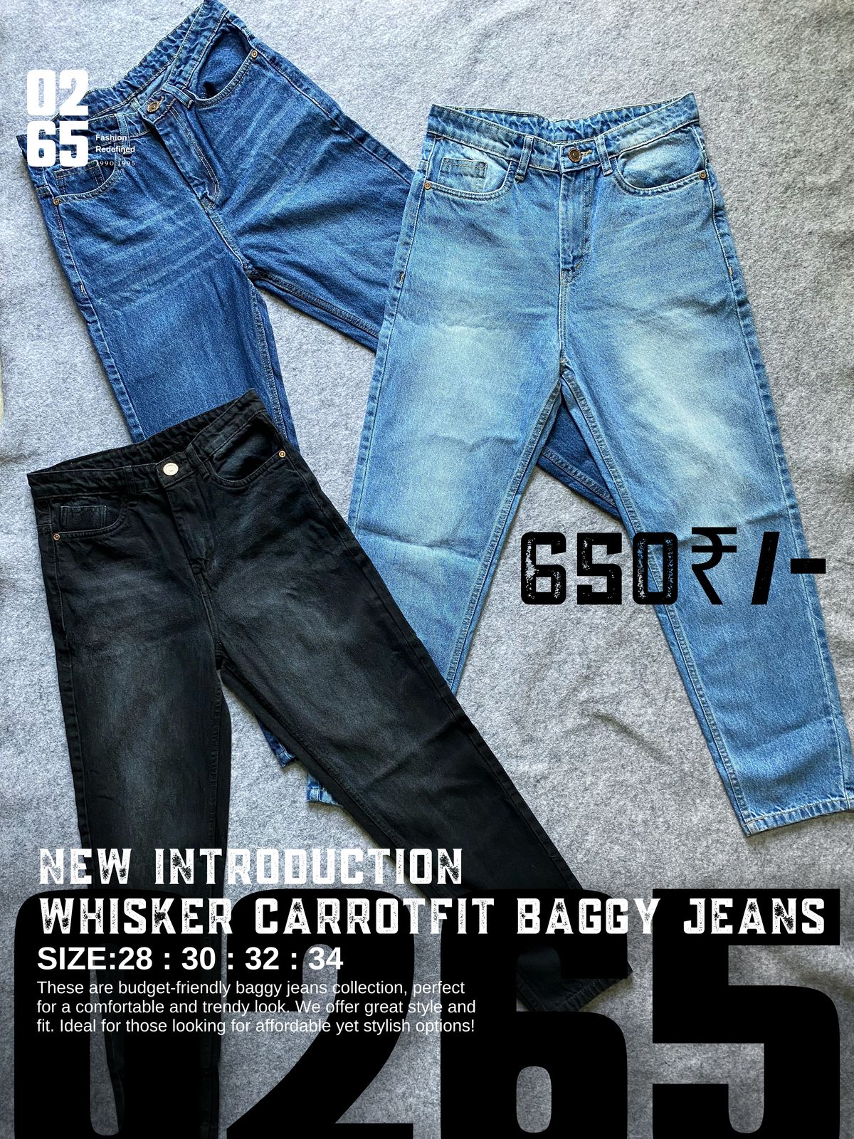 Whisker Carrot Fit Baggy Jeans By 0265 - New Introduction - Non Stretchable