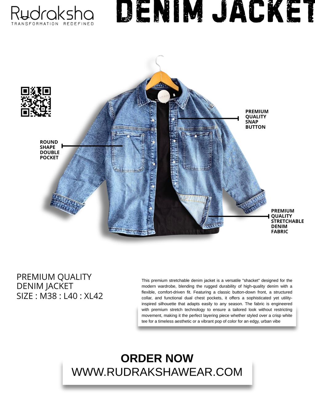 Denim Jacket | 2 Front Pocket | Stretchable Fabric | Metal Push Buttons | Best For Layering With Shirts & T-shirts