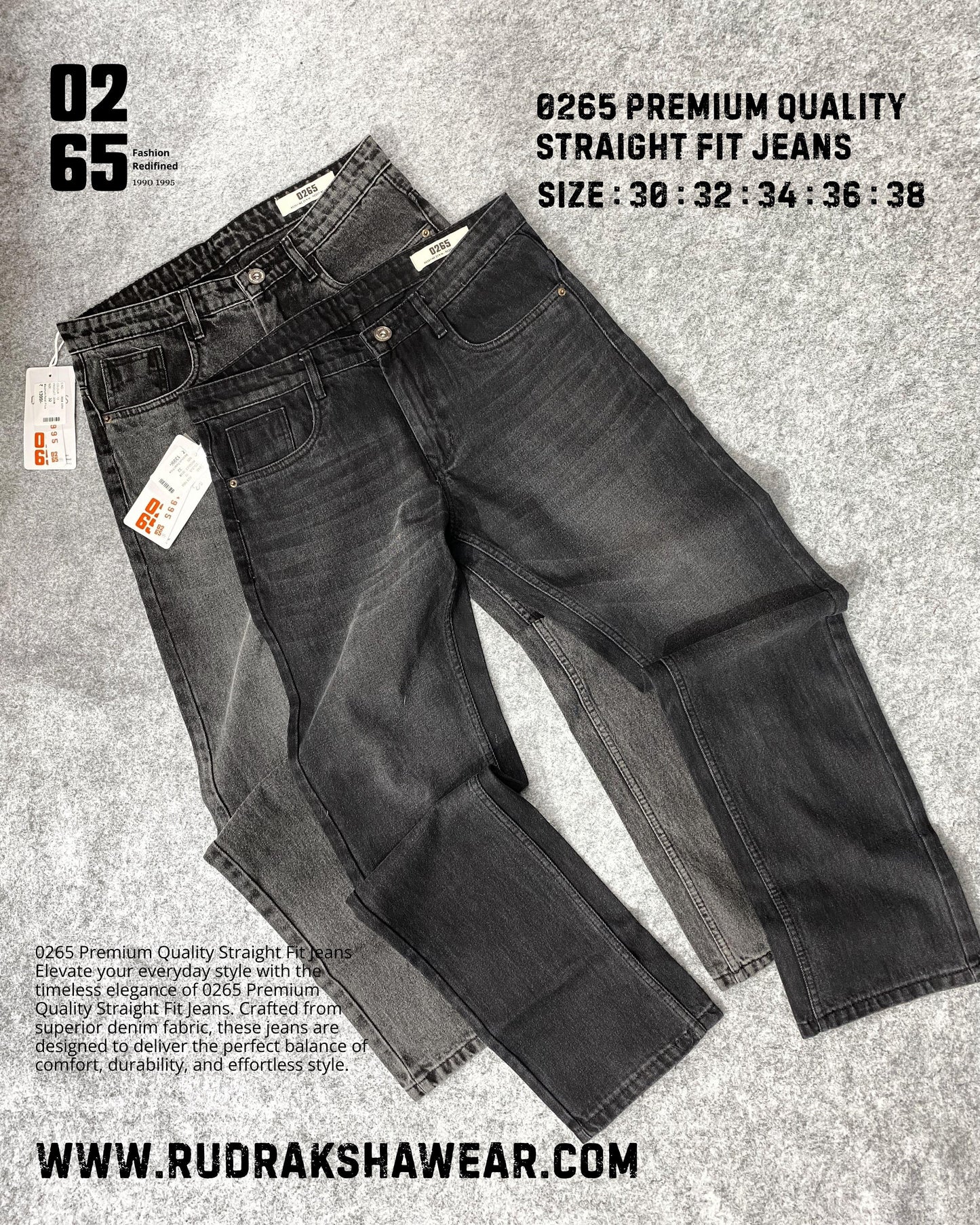 0265 PREMIUM STRAIGHT FIT JEANS | MERGING WHISKER| NON LYCRA | 42” Length
