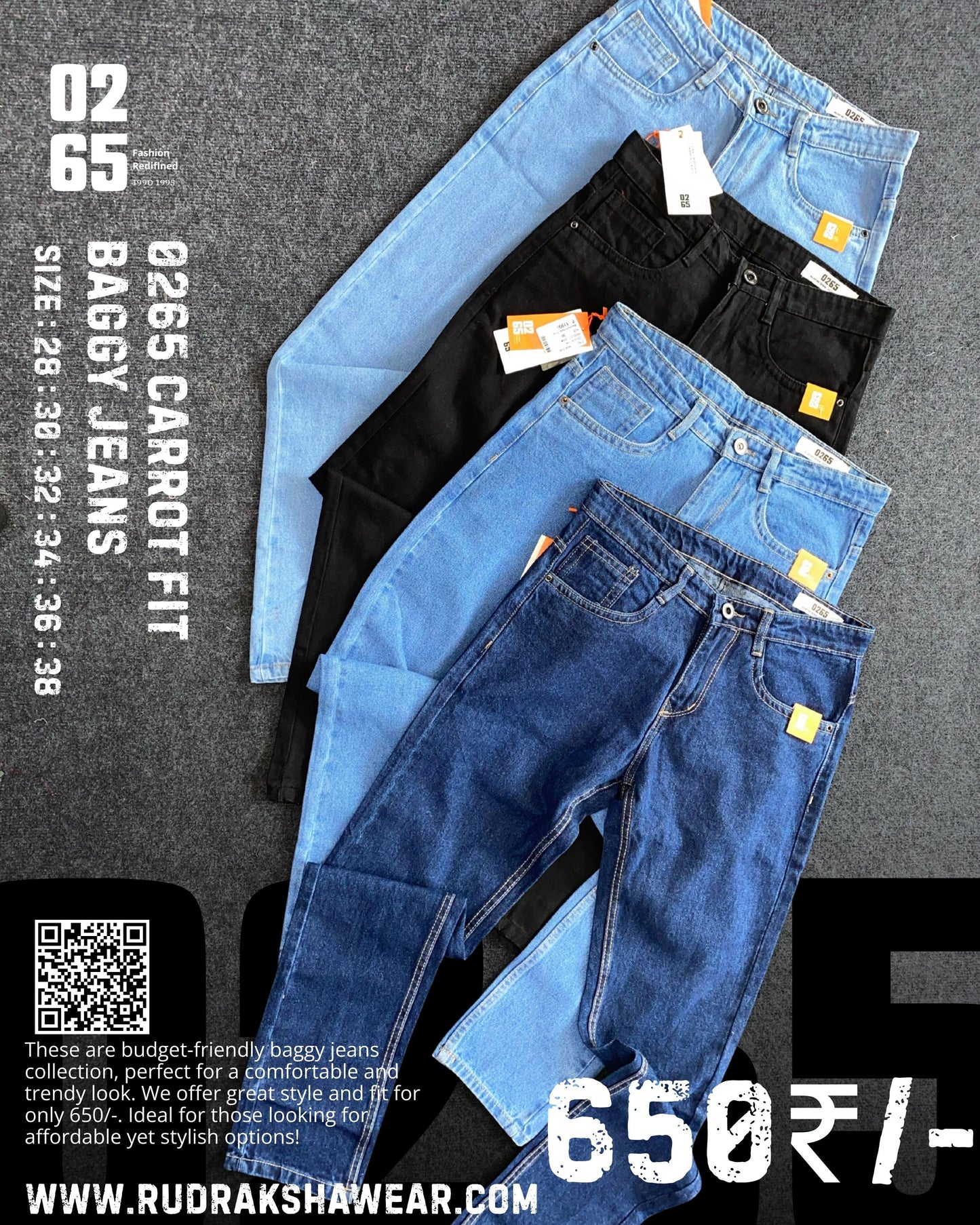 Carrot Fit Baggy Jeans By 0265 - Non Stretchable - Length 39.5" TO 40"