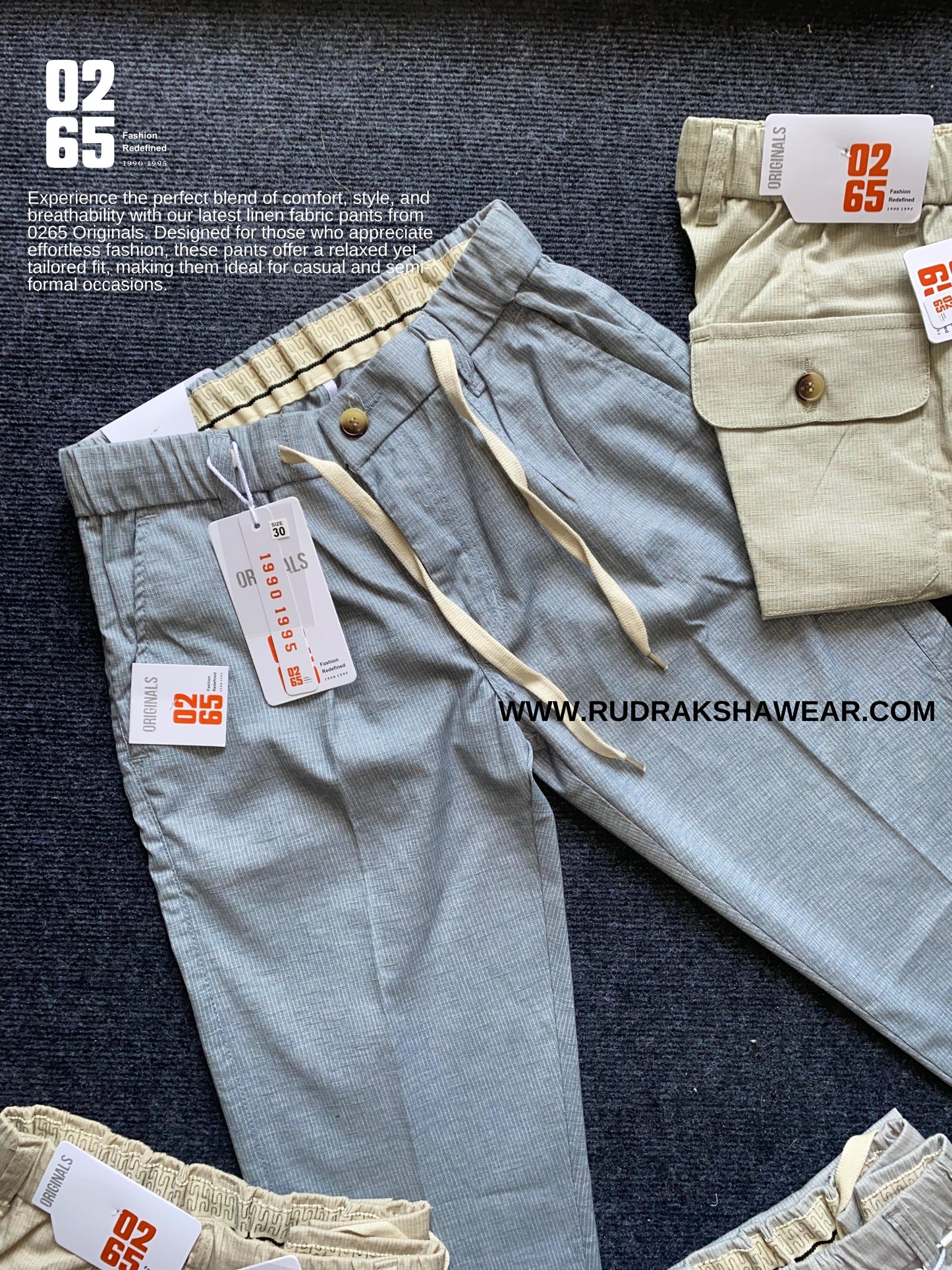 Men's premium cotton linen pants by 0265 – breathable, lightweight, and perfect for summer. Features cross front pockets, round flap back pockets, and an elastic waistband with a drawstring for all-day comfort. Durable stitching ensures long-lasting wear. Ideal for casual outings, vacations, and daily wear. Shop now at Rudraksha