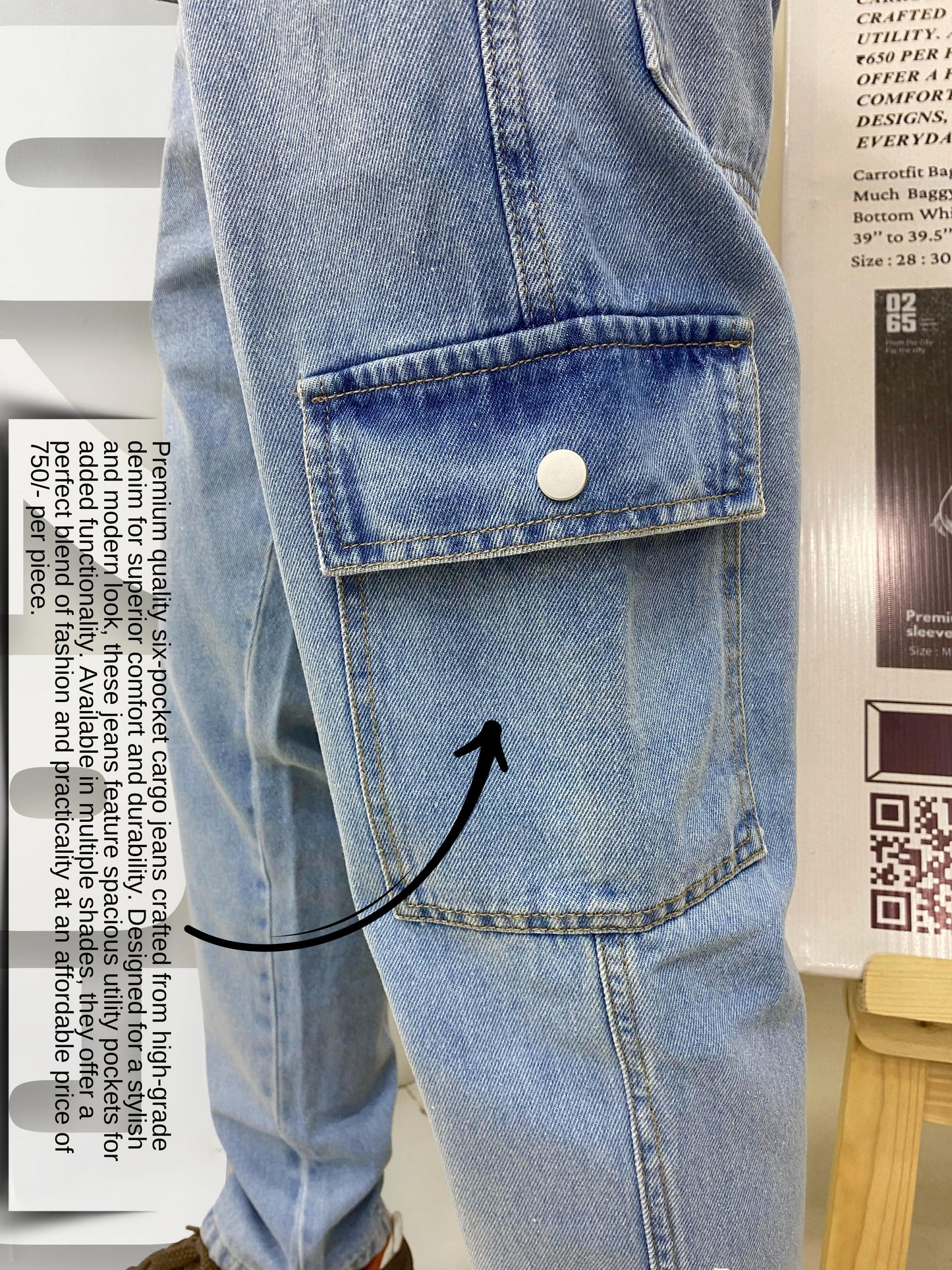 A pair of stylish 6-pocket cargo jeans in premium quality fabric, available in four trendy shades. Features an improved fit, new back pocket design, and an added size (36) for a better fit. Designed for everyday wear with a relaxed yet modern look, perfect for pairing with t-shirts, hoodies, or shirts. Available at ₹750/-