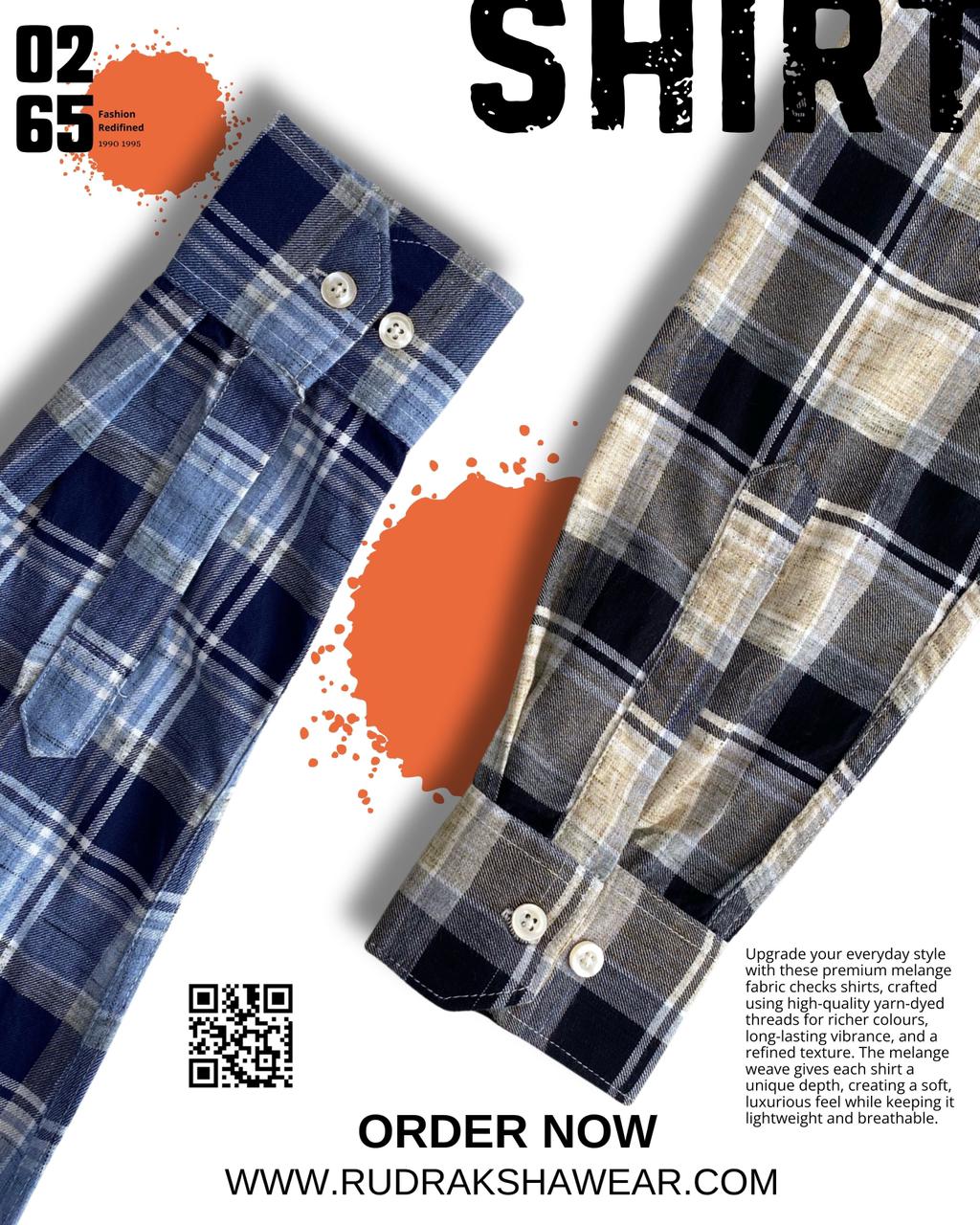 0265 Premium Melange Checks Full Sleeve Shirt | 100% Cotton Fabric | Ultra Soft Feel | Button Down Collars | Back Side Pleated | Yarn Dyed Fabric