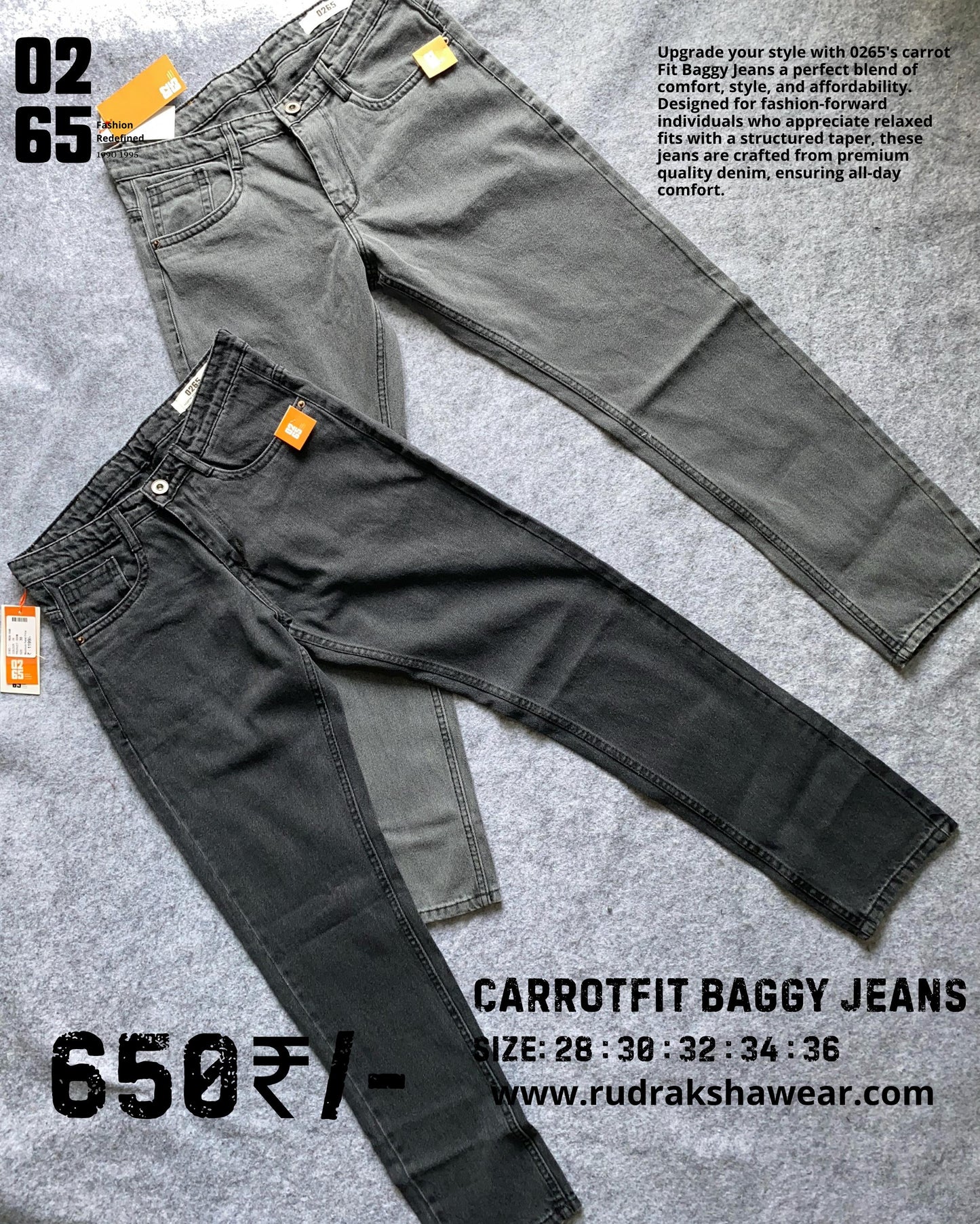 Carrot Fit Baggy Jeans By 0265 - Length 39.5" to 40" - NON STRETCHABLE