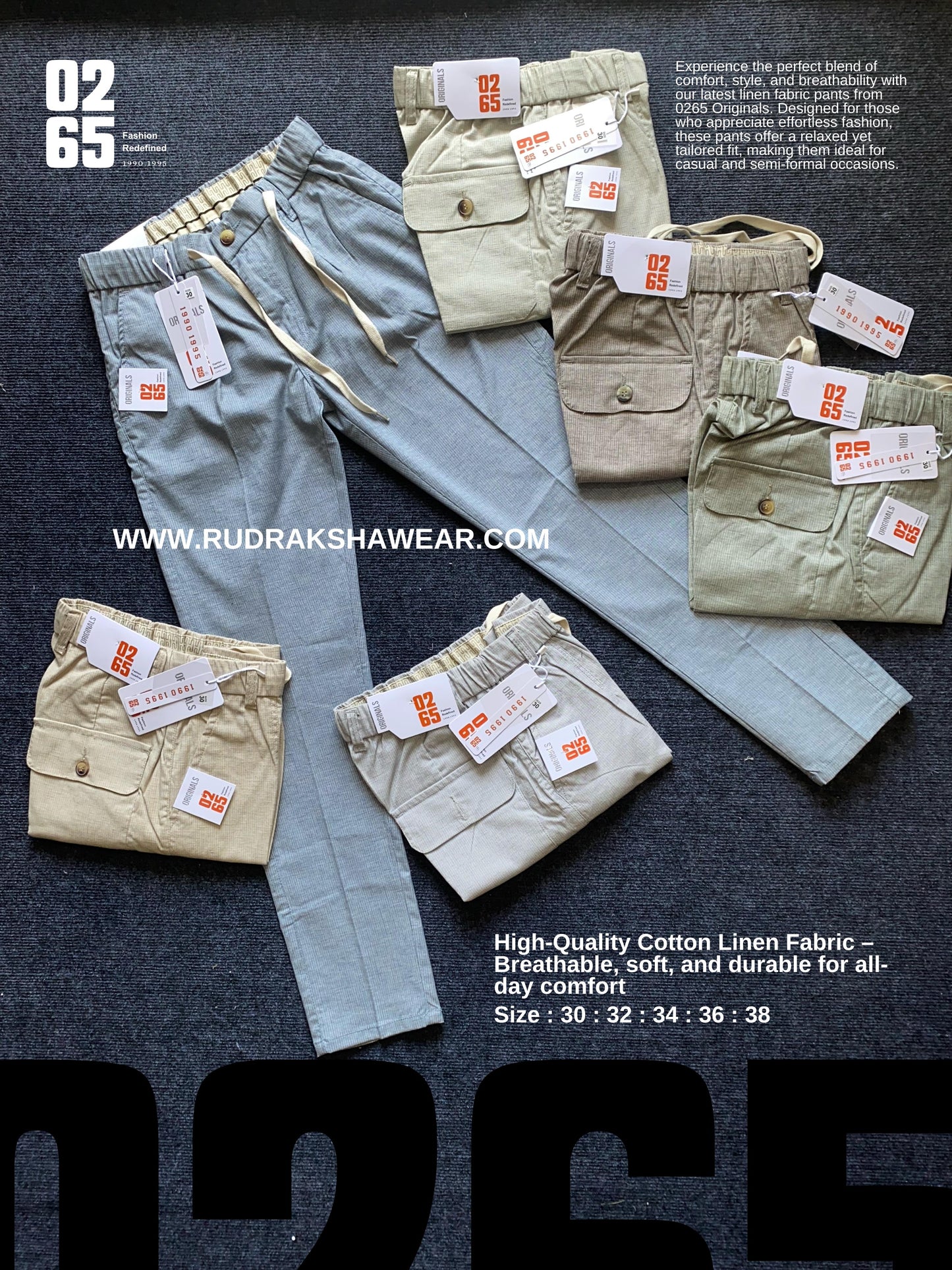 Men's premium cotton linen pants by 0265 – breathable, lightweight, and perfect for summer. Features cross front pockets, round flap back pockets, and an elastic waistband with a drawstring for all-day comfort. Durable stitching ensures long-lasting wear. Ideal for casual outings, vacations, and daily wear. Shop now at Rudraksha