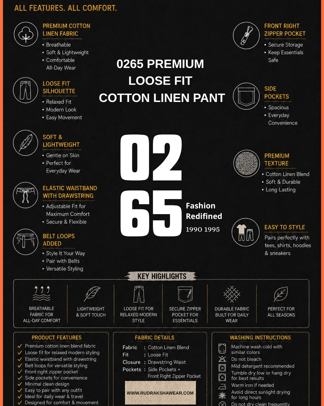 0265 Premium Loose Fit Cotton Linen Pant | Waist Band With Drawstring & Belt Loops | Front Right Pocket With Zipper | For Everyday Comfort