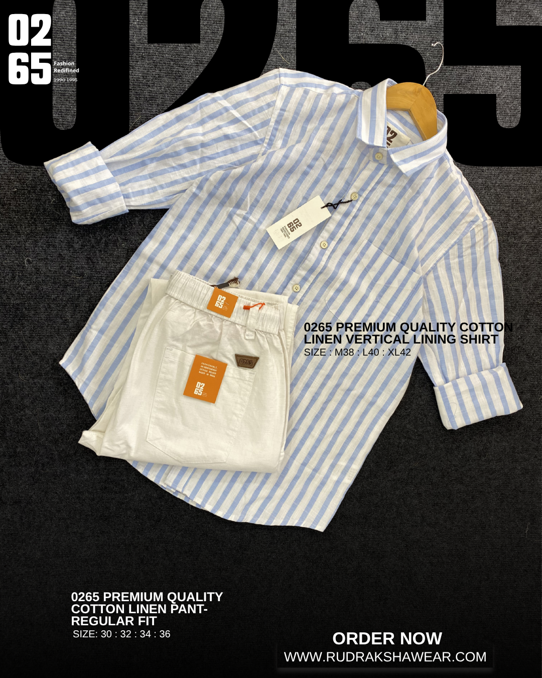 0265 Combo - Cotton linen full sleeve lining shirt & Cotton linen regular fit pant - Light Blue & White