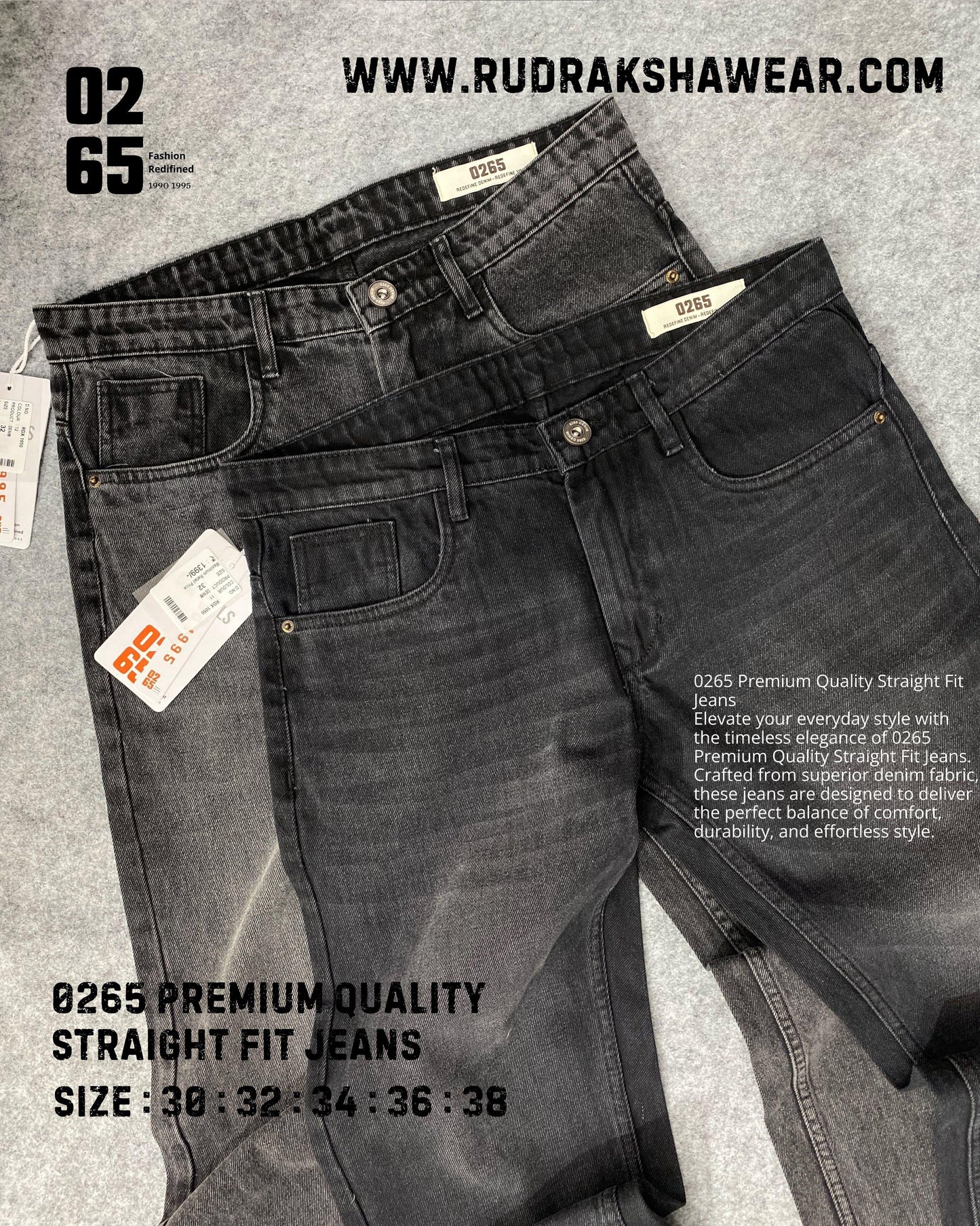 0265 PREMIUM STRAIGHT FIT JEANS | MERGING WHISKER| NON LYCRA | 42” Length