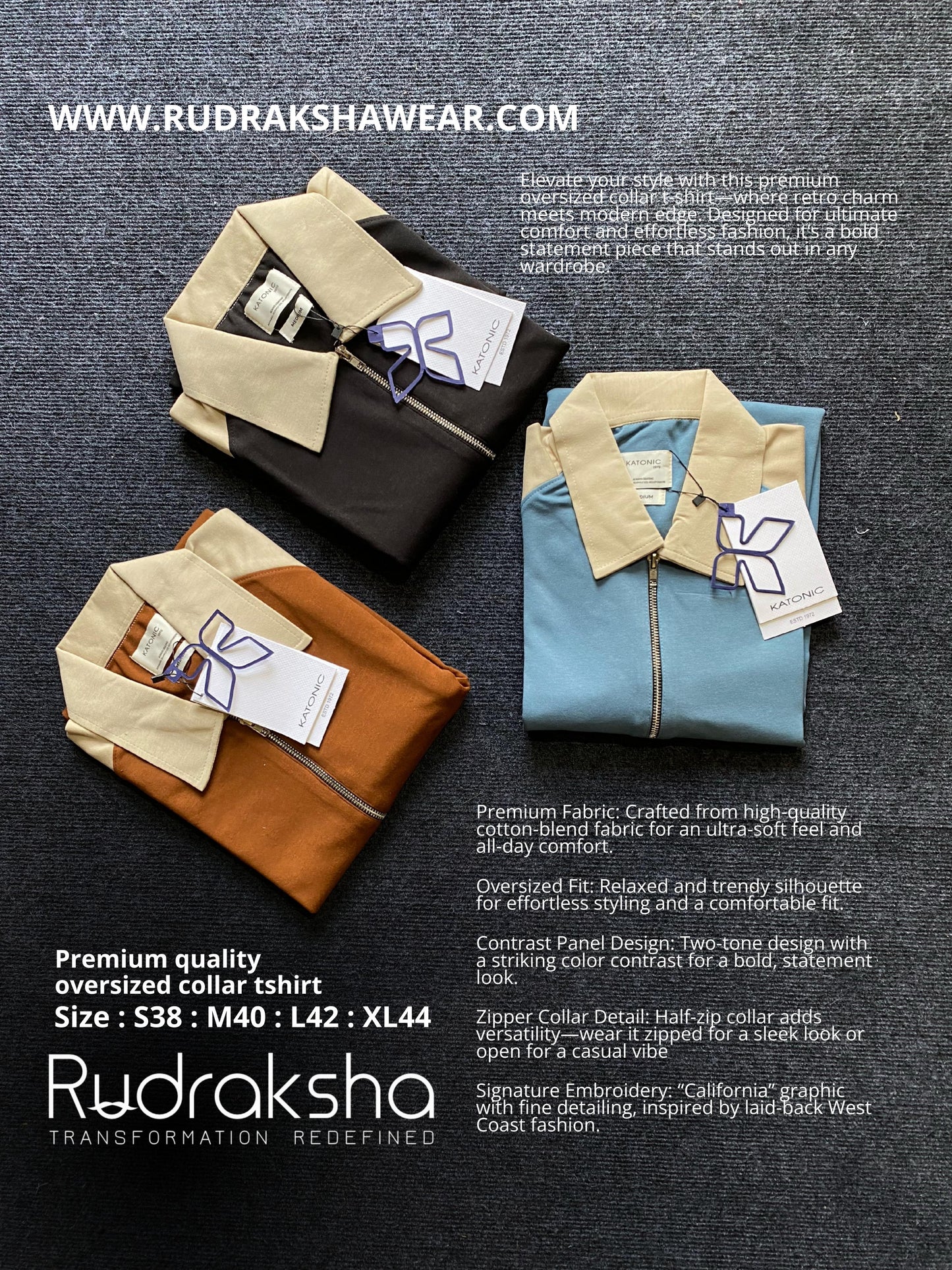 Men's oversized cotton-blend t-shirt with contrast panel design and zipper collar – stylish and comfortable streetwear. Premium soft fabric, bold two-tone look, and ‘California’ embroidered graphic for a trendy West Coast vibe. Perfect for casual wear, layering, and fashion-forward outfits. Available now at Rudrakshawear