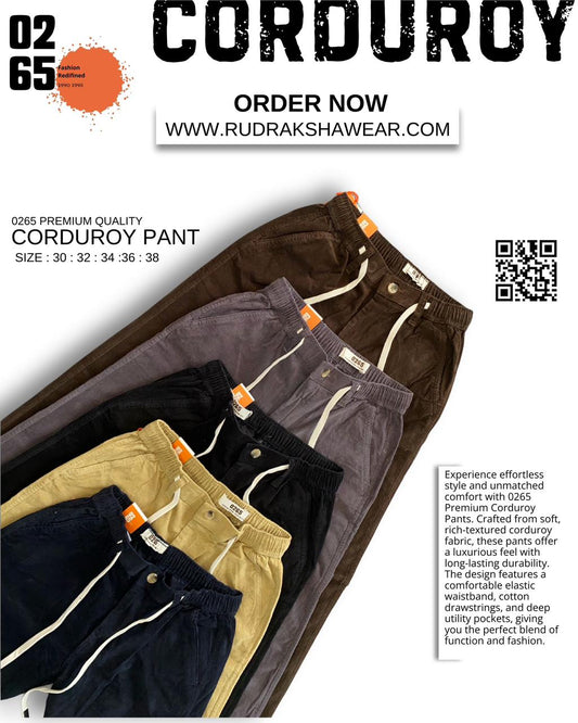 0265 Premium corduroy pant | Best for travelling | Casual wear | Quality Drawstring | Durable elastic waist band | 1 out of 2 Font Pocket with smooth zipper | 2 Back side pockets | Comfort in every move