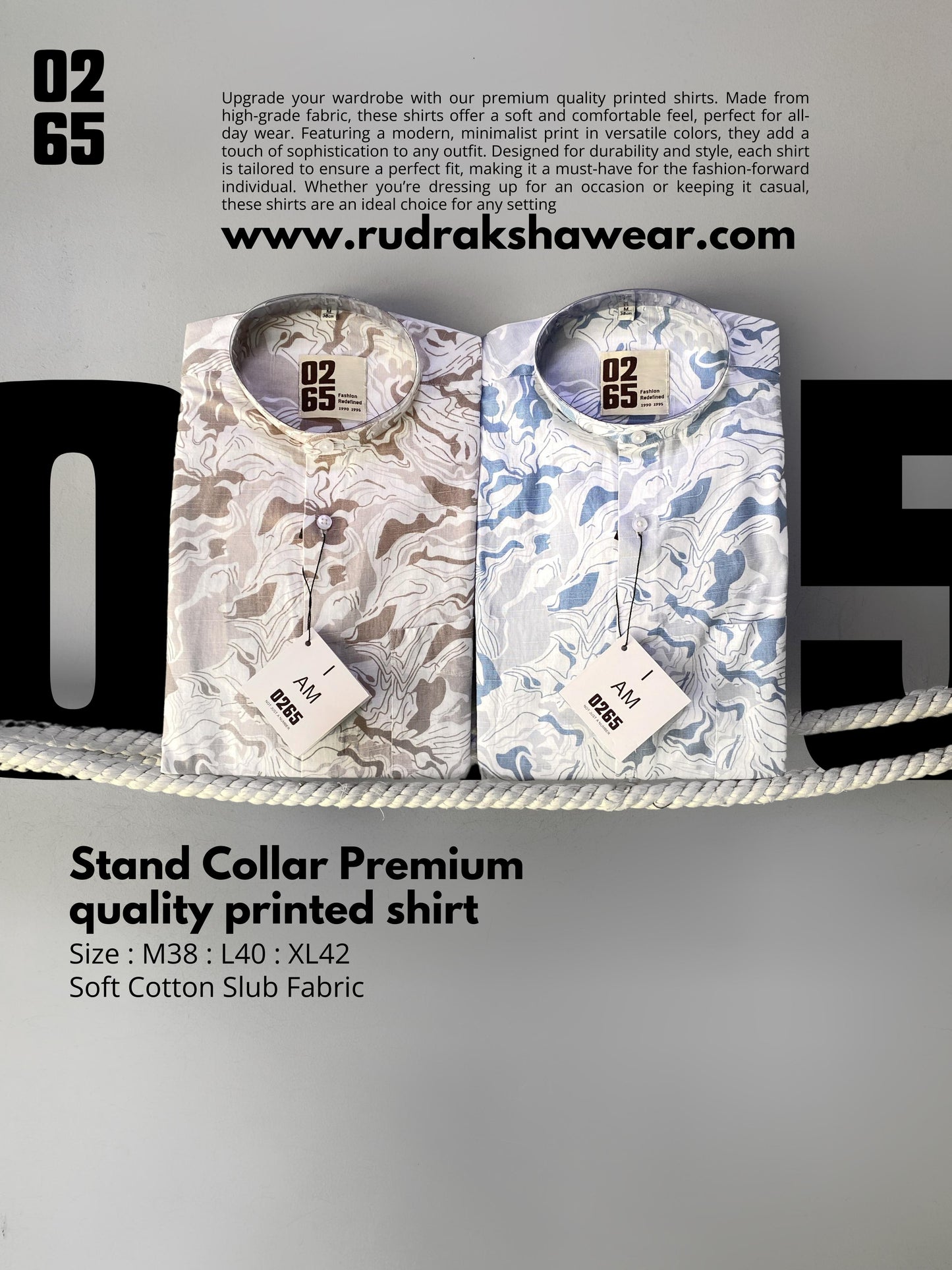 Premium stand collar full sleeve shirt (Mandarin collar) from the Wedding Collection by 0265, crafted from 100% cotton slub fabric. Features a sleek design, perfect for formal and wedding occasions, showcasing elegance and comfort in every detail