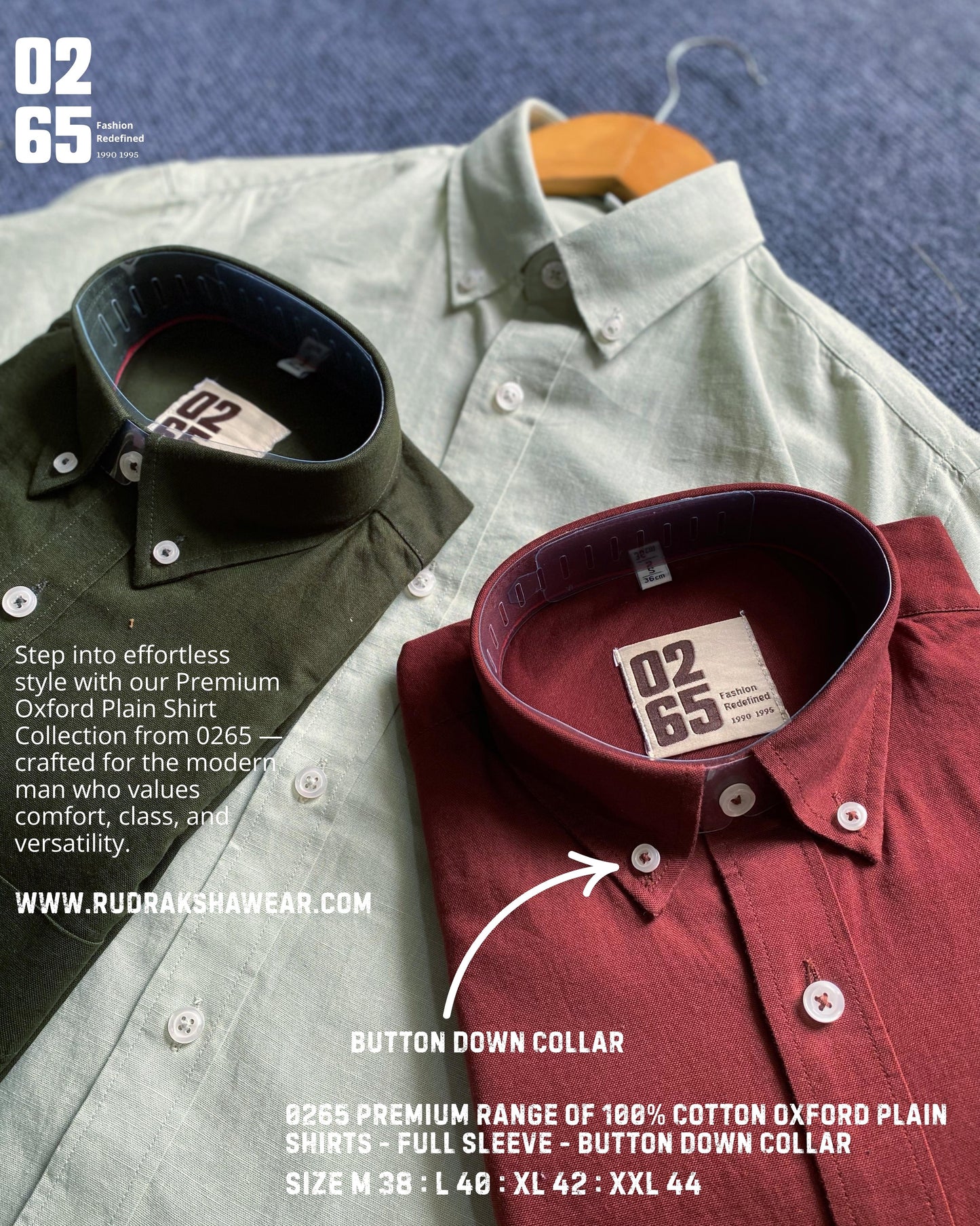 0265 Premium Cotton Oxford - Plain Full Sleeve Shirt - Button Down Collar
