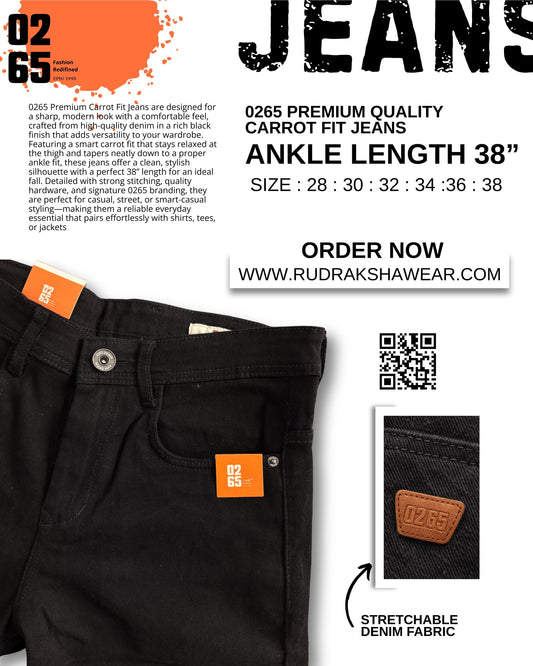0265 Premium Carrot fit Jeans | Ankle Length 38" | Stretchable | Yarn Dyed Denim Fabric | Durable Shade | Comfort In Every Move | Best Suitable For Guy with height 5.2" to 5.6"