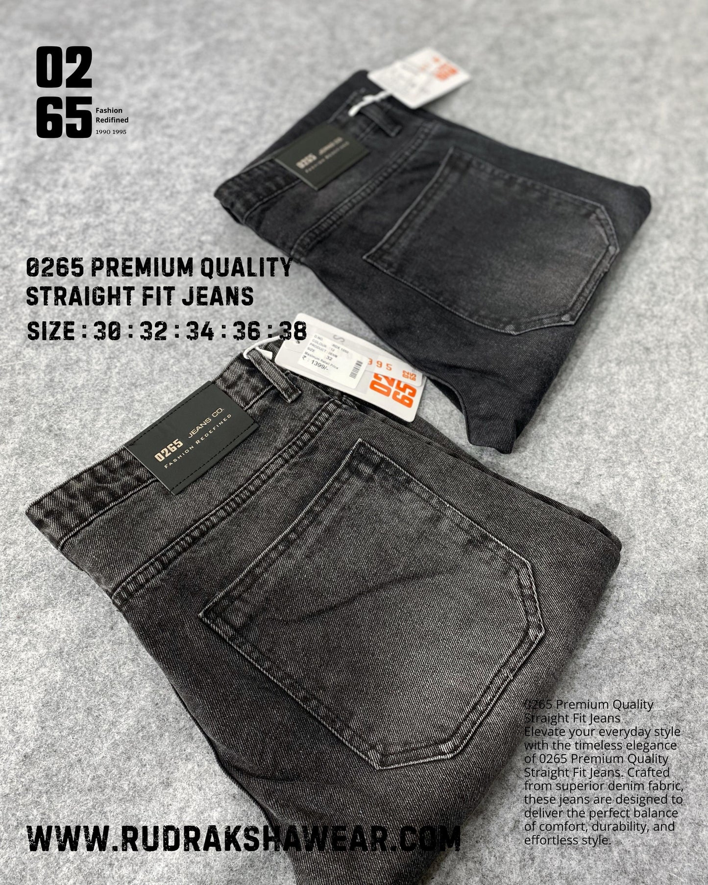 0265 PREMIUM STRAIGHT FIT JEANS | MERGING WHISKER| NON LYCRA | 42” Length