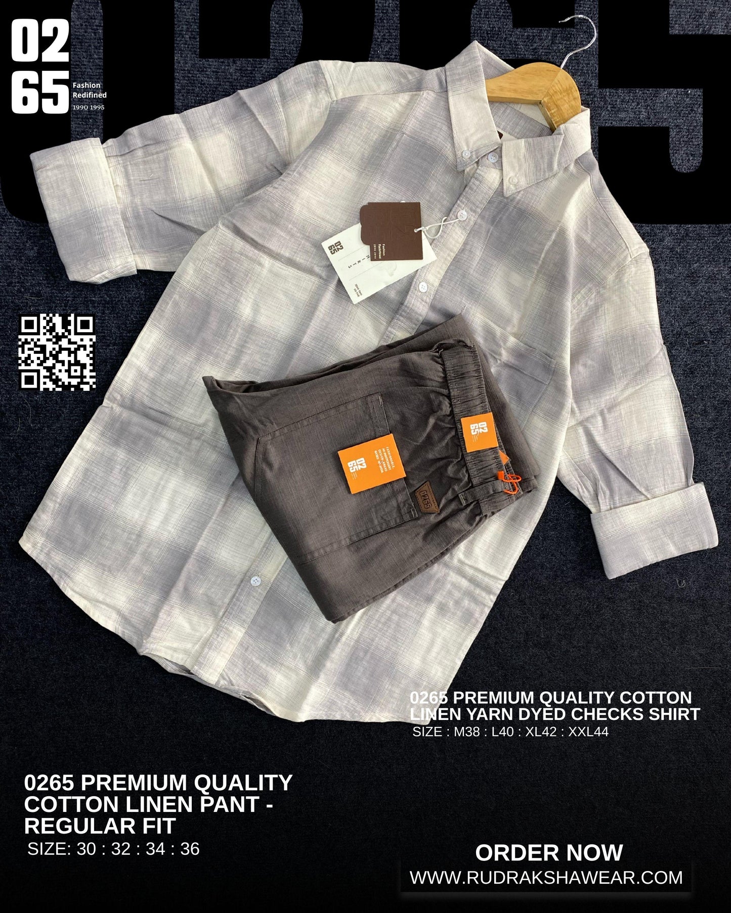 0265 Combo - Premium Imported Cotton linen full sleeve checks shirt & Cotton linen regular fit pant - Light Grey Checks & Dark Grey Pant