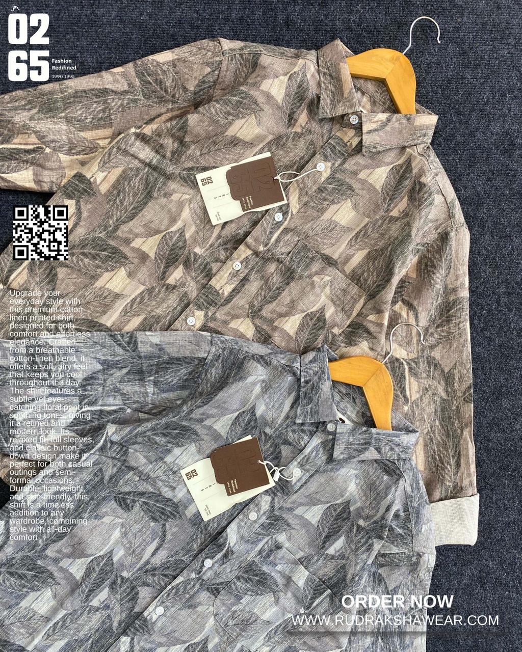 0265 Cotton Linen Printed Shirt | Backside box pleated | Leaf print