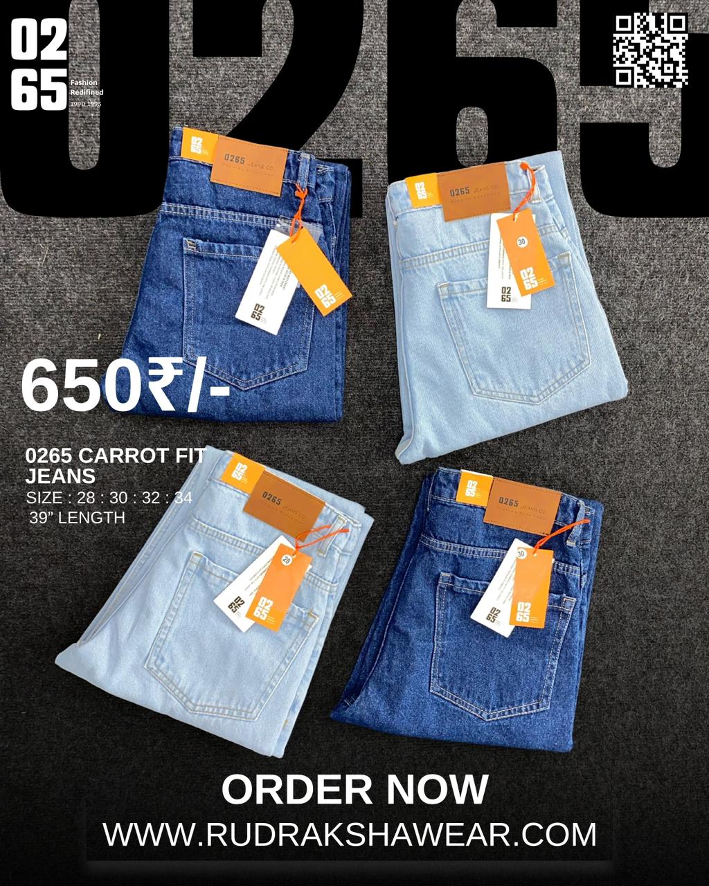 0265 Carrot fit jeans | Non Stretchable | Length 39 " Suitable for Height 5.4" to 5.8"