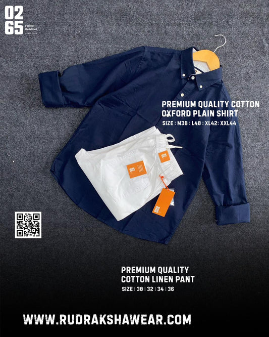 0265 Combo - Shirt + Cotton linen pant - Navy Blue & White