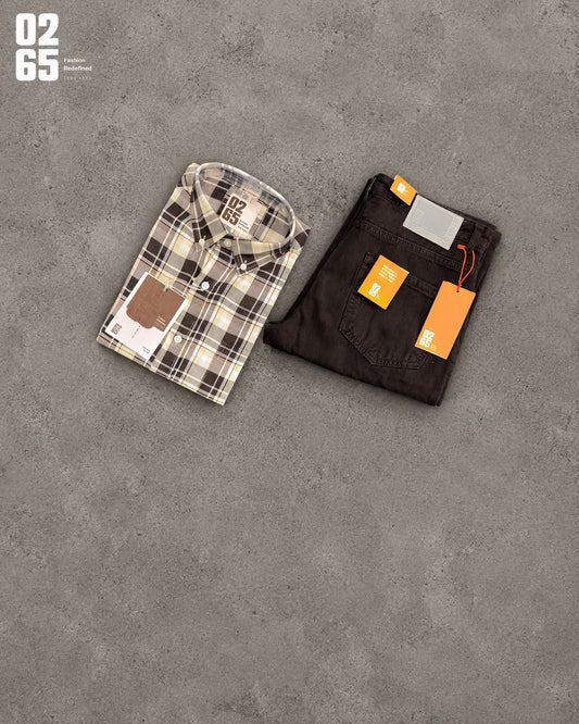 COMBO - 0265 Rich cotton yarn dyed full sleeve check shirt + 0265 carrot fit jeans
