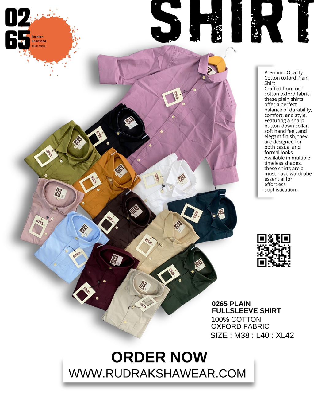 0265 Premium Cotton Oxford - Plain Full Sleeve Shirt - Back Side Box Pleated