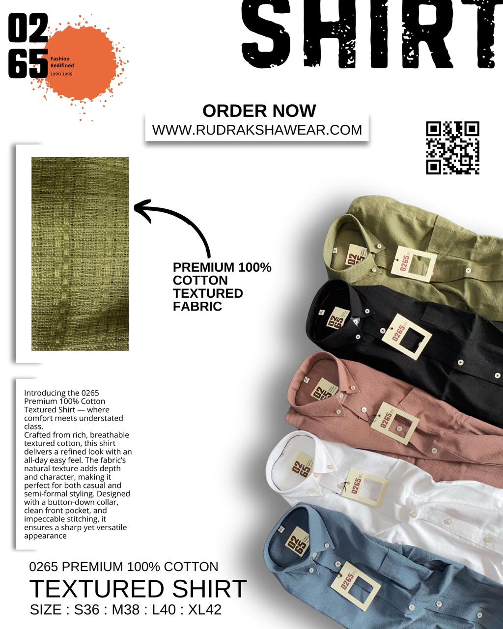 0265 100% Cotton Textured Fabric Full Sleeve Shirt | Button Down Collar