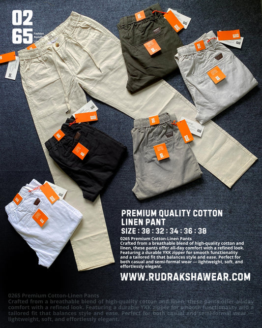 0265 Premium Cotton Linen Casual Pant for Men – Breathable Cotton Linen Blend, Stylish Cross Front Pockets, Drawstring Waist, Comfortable Fit, Durable Stitching, Perfect for Indian Weather, Ideal for Casual Wear, Travel & Daily Use