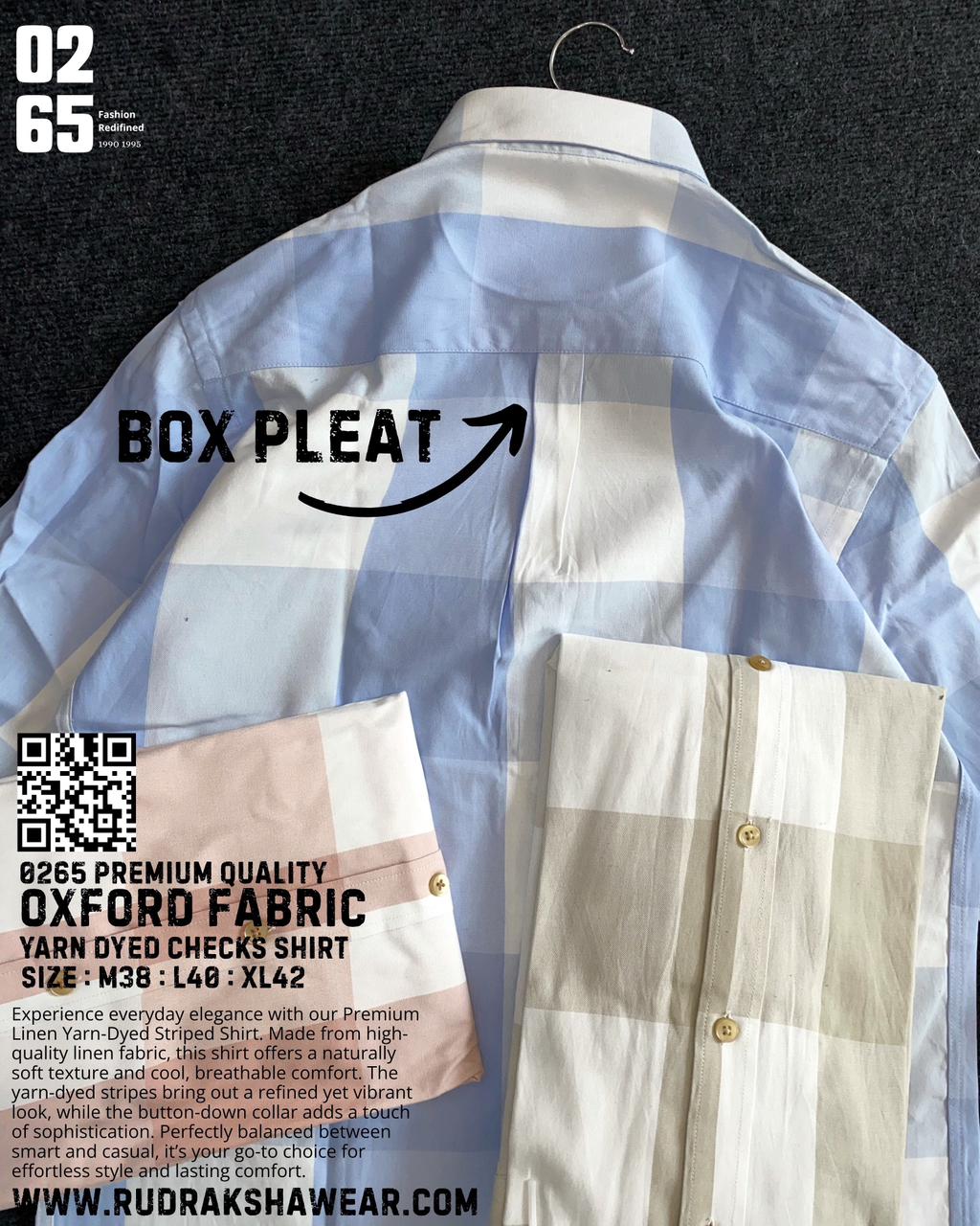 0265 Premium Oxford Fabric Full Sleeve Big Checks Shirt | Yarn Dyed | Button Down Collar | Back Side Box Pleated