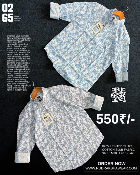 0265 Cotton Slub Printed Fabric Full Sleeve Shirt | Backside box pleated | Button Down Collar