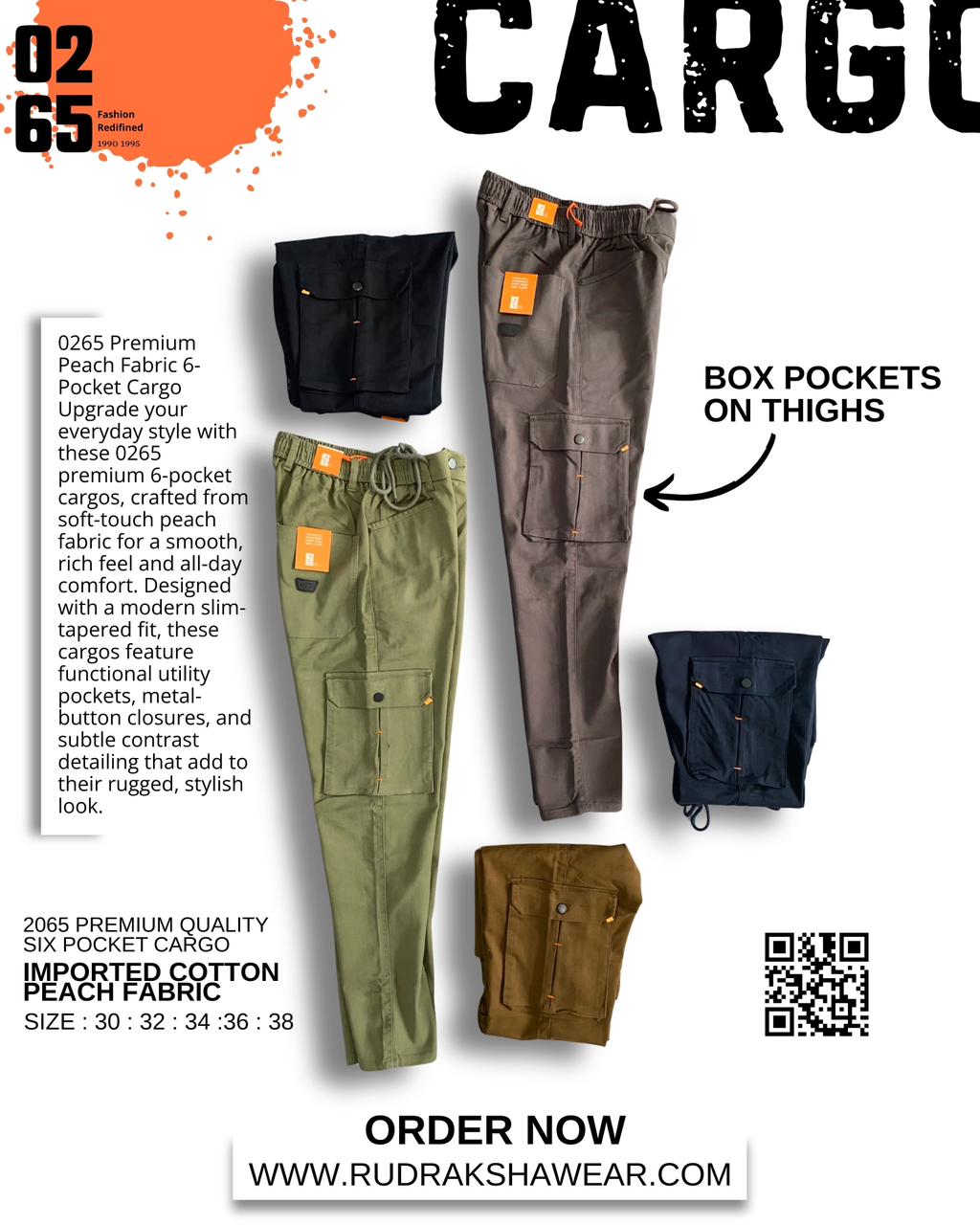 0265 Premium Imported Cotton Peach Fabric 6 Pocket Cargo | Orange Bar Tacks | Smooth Finished Fabric | Elastic Waistband With Drawstring | For All Day Comfort & Style