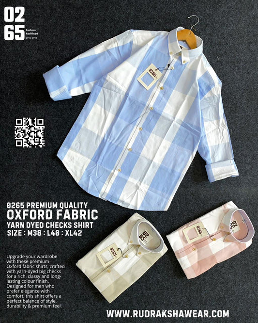 0265 Premium Oxford Fabric Full Sleeve Big Checks Shirt | Yarn Dyed | Button Down Collar | Back Side Box Pleated